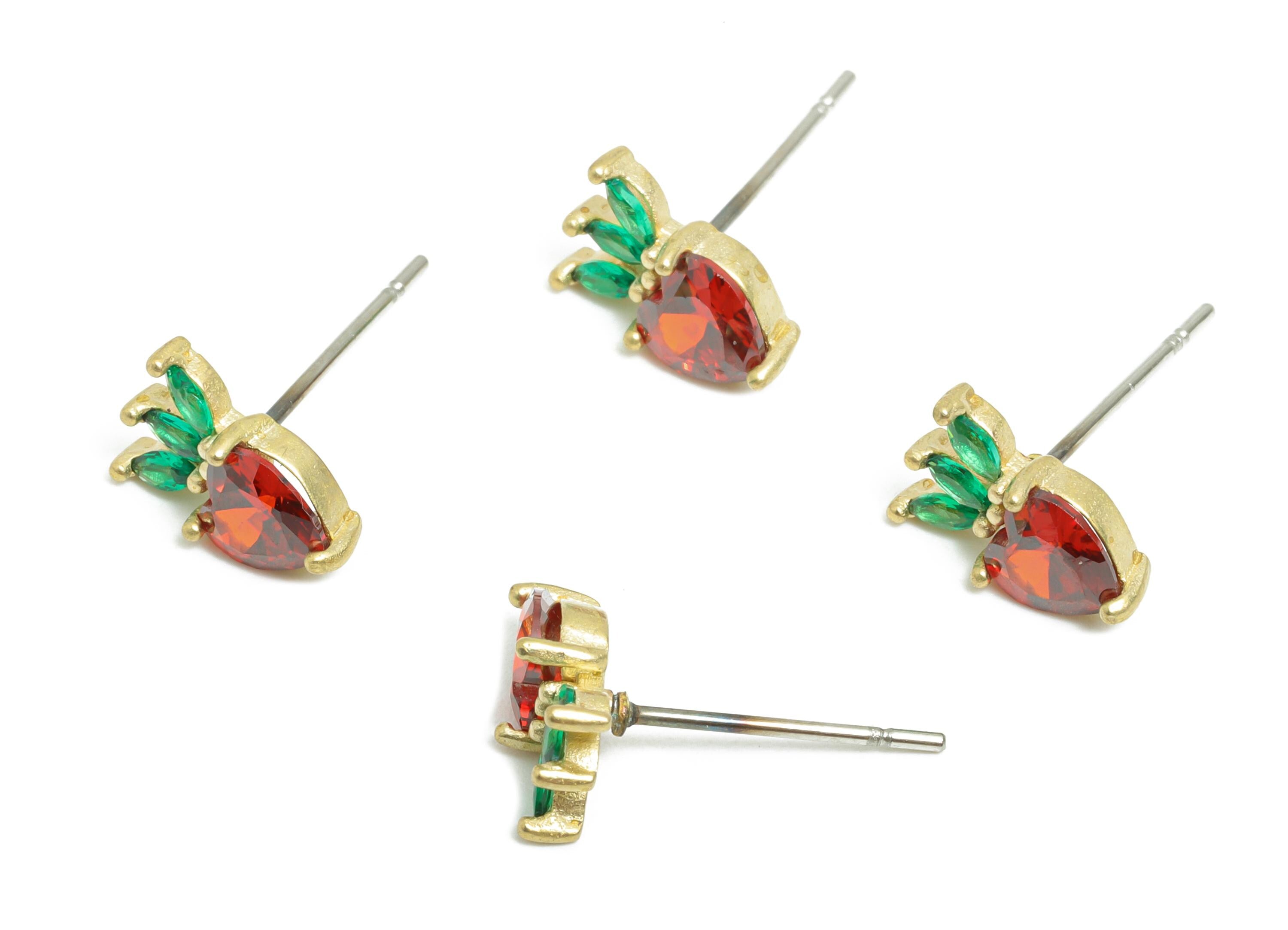 Strawberry Earring Stud - Raw Brass Cubic Zircon Gemstone Earring - Modern Shimmering Earring Stud - Marquise Earring Stud - 9x6x3mm-PP11029 - DOMEDBAZAAR