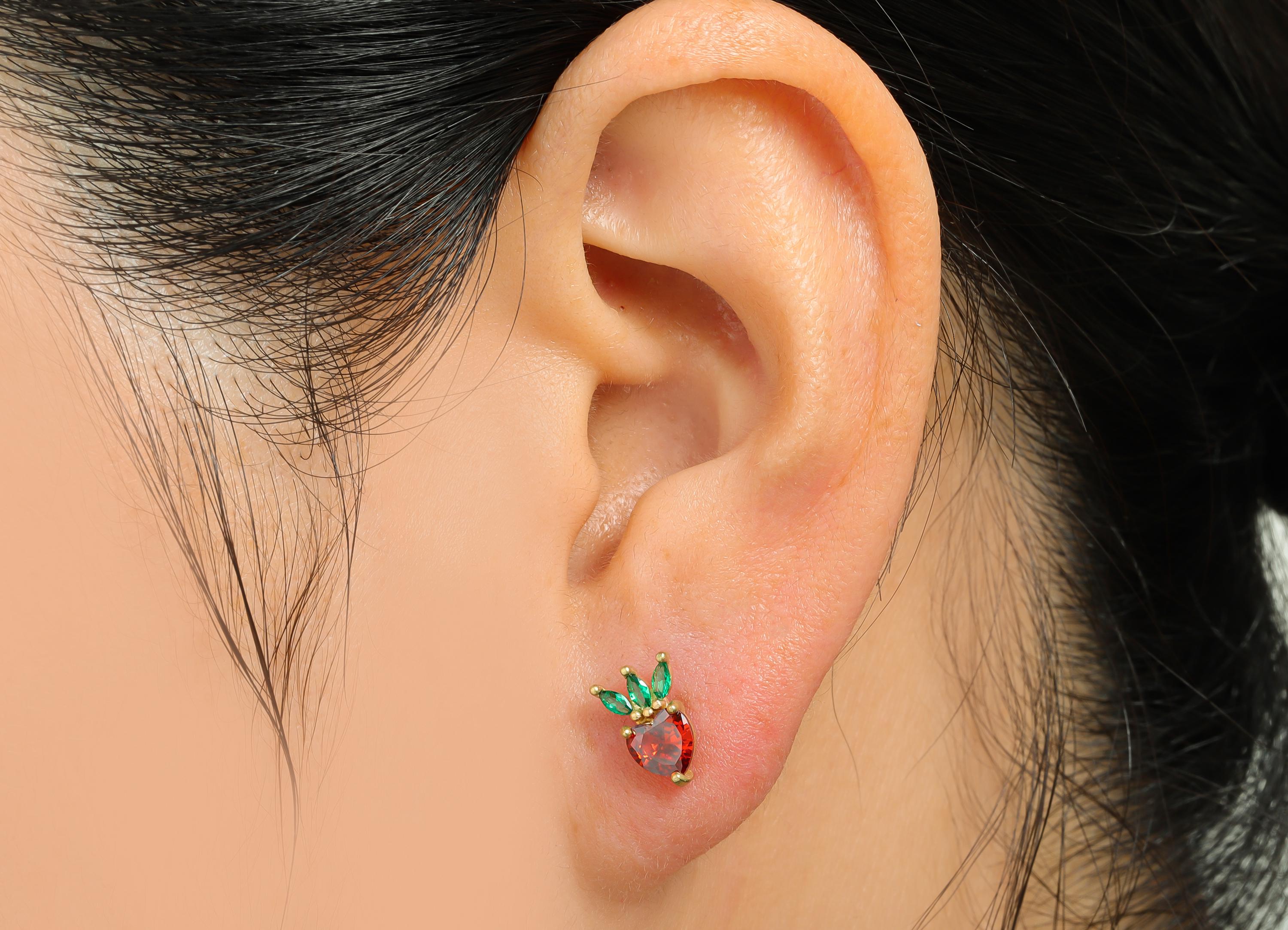 Strawberry Earring Stud - Raw Brass Cubic Zircon Gemstone Earring - Modern Shimmering Earring Stud - Marquise Earring Stud - 9x6x3mm-PP11029 - DOMEDBAZAAR