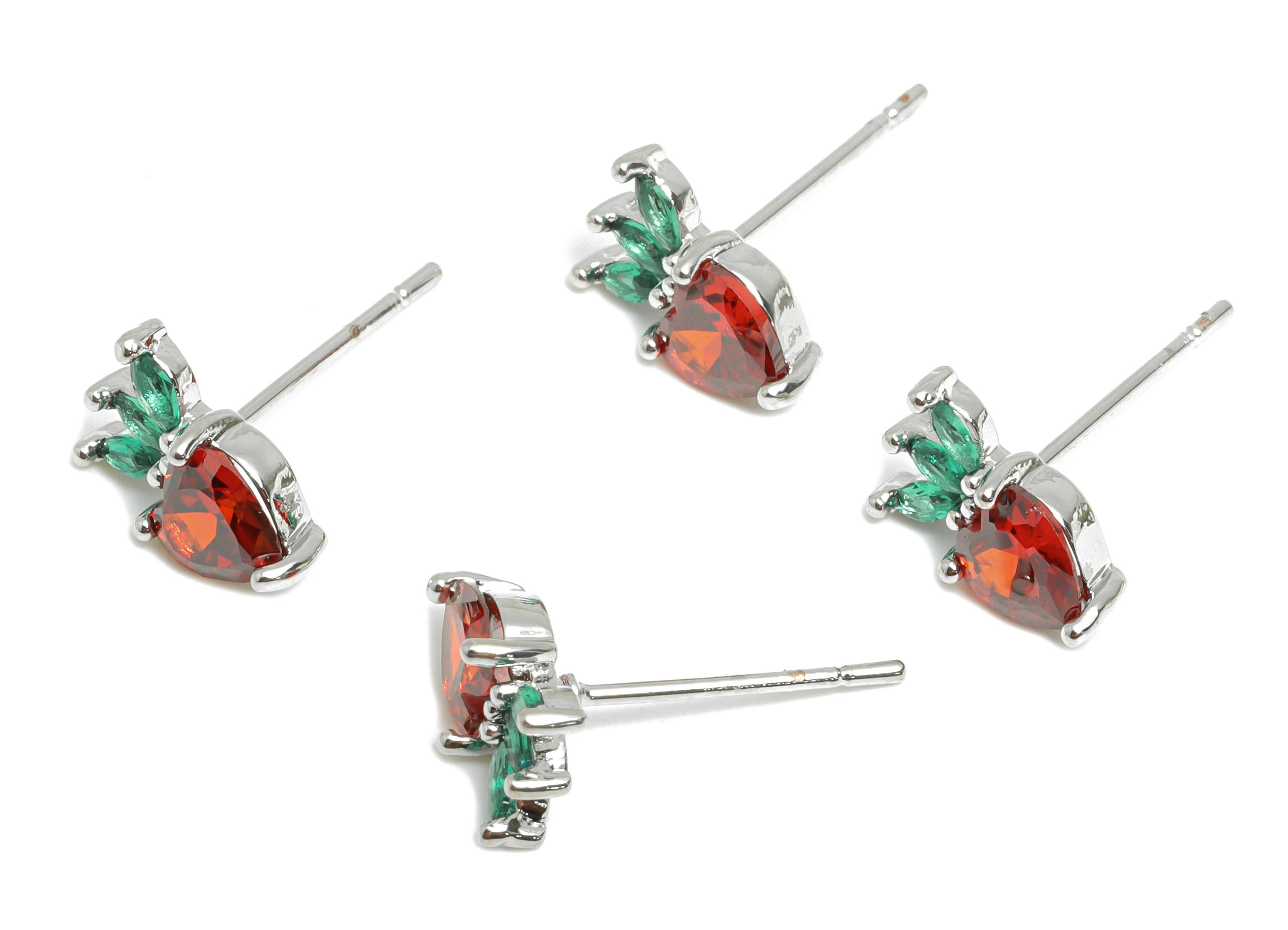 Strawberry Earring Stud - Brass Cubic Zircon Marquise Gem Earring - Shimmering Earring Stud - 18K Real White Gold Plating - 9x6x3mm-RGP10373 - DOMEDBAZAAR