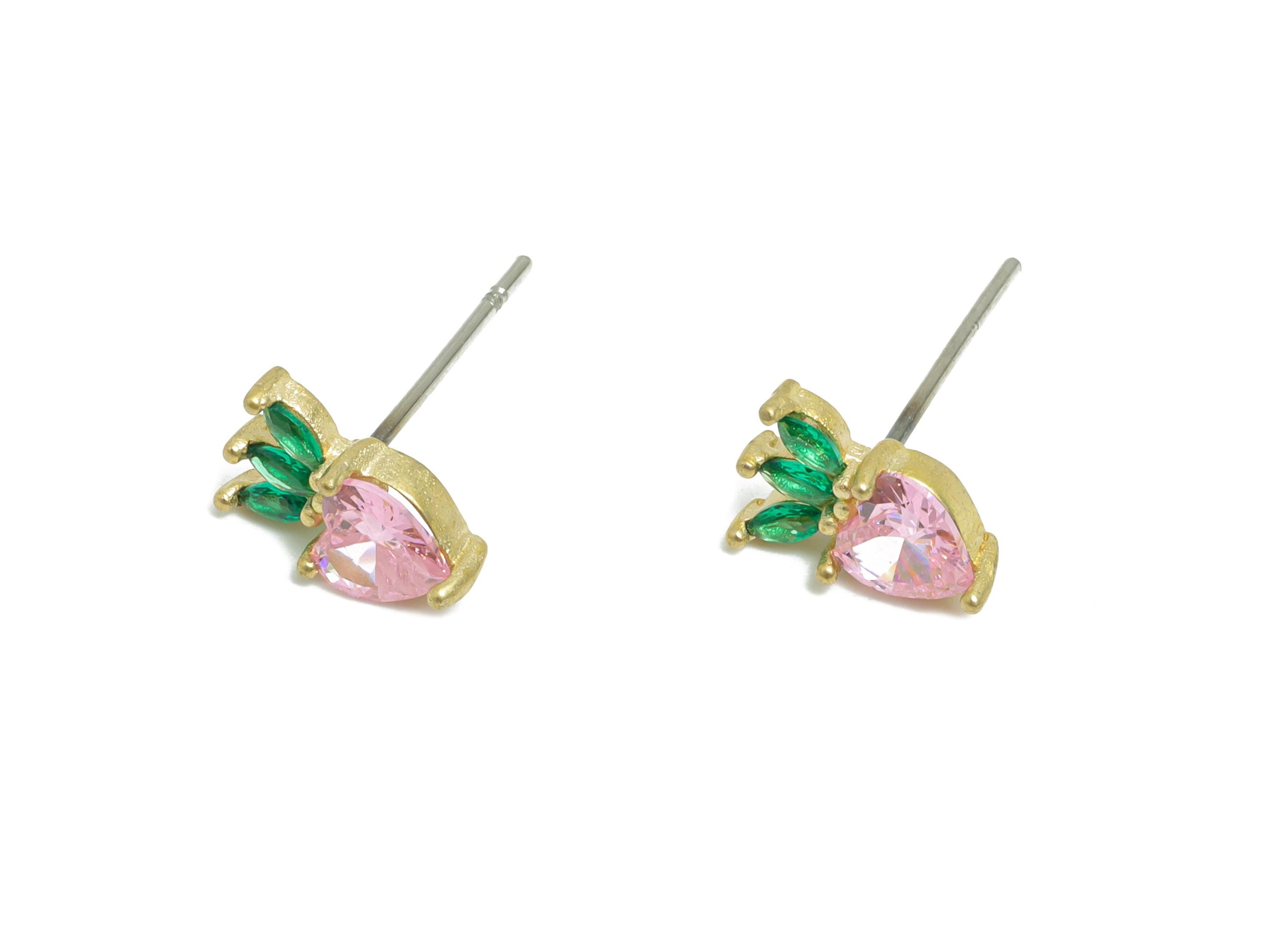 CZ Strawberry Earring Stud - Raw Brass Pink Gemstone Earring - Modern Shimmering Earring Stud - Marquise Earring Stud - 9x6x3mm - PP11030 - DOMEDBAZAAR