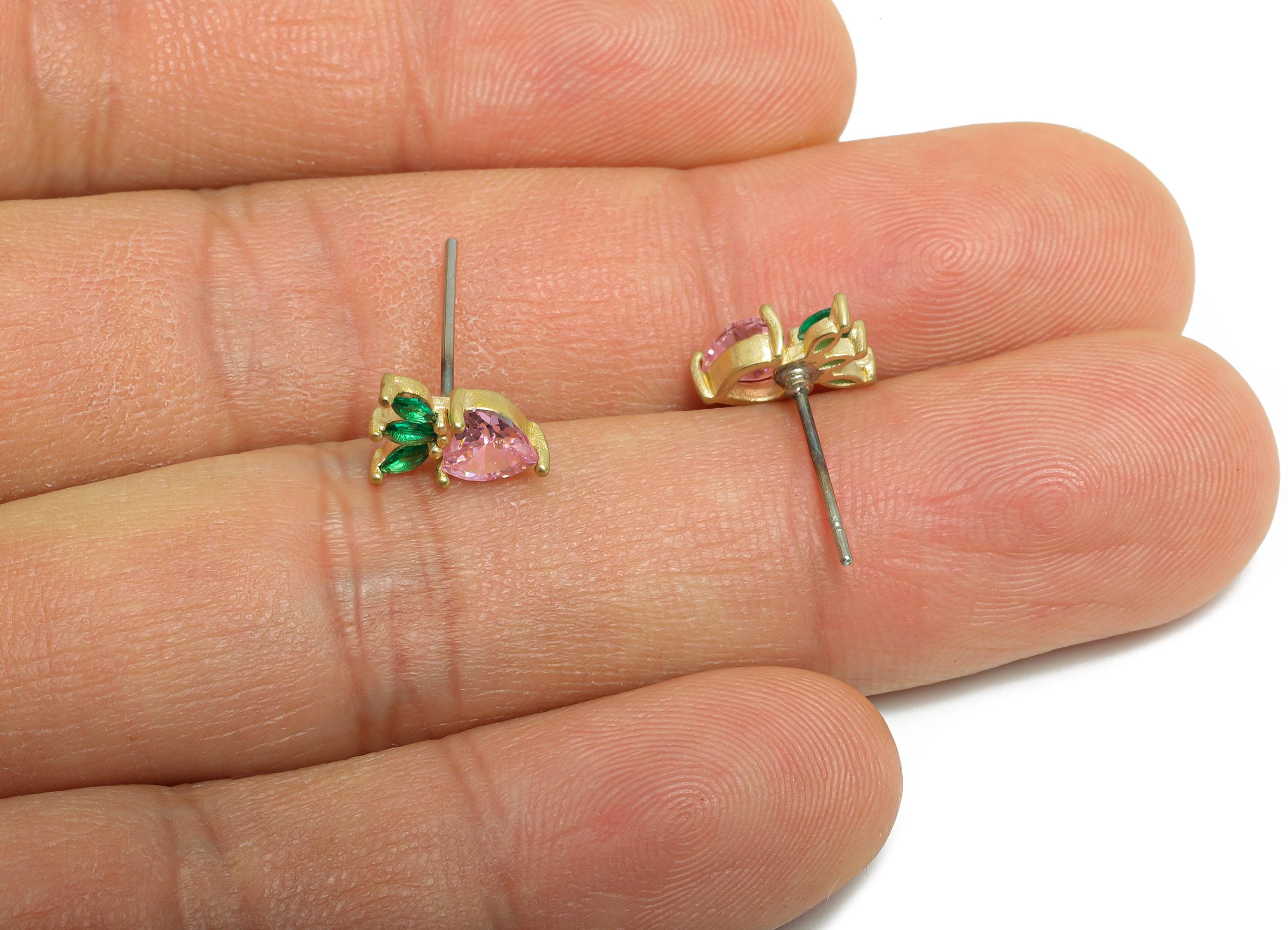 CZ Strawberry Earring Stud - Raw Brass Pink Gemstone Earring - Modern Shimmering Earring Stud - Marquise Earring Stud - 9x6x3mm - PP11030 - DOMEDBAZAAR