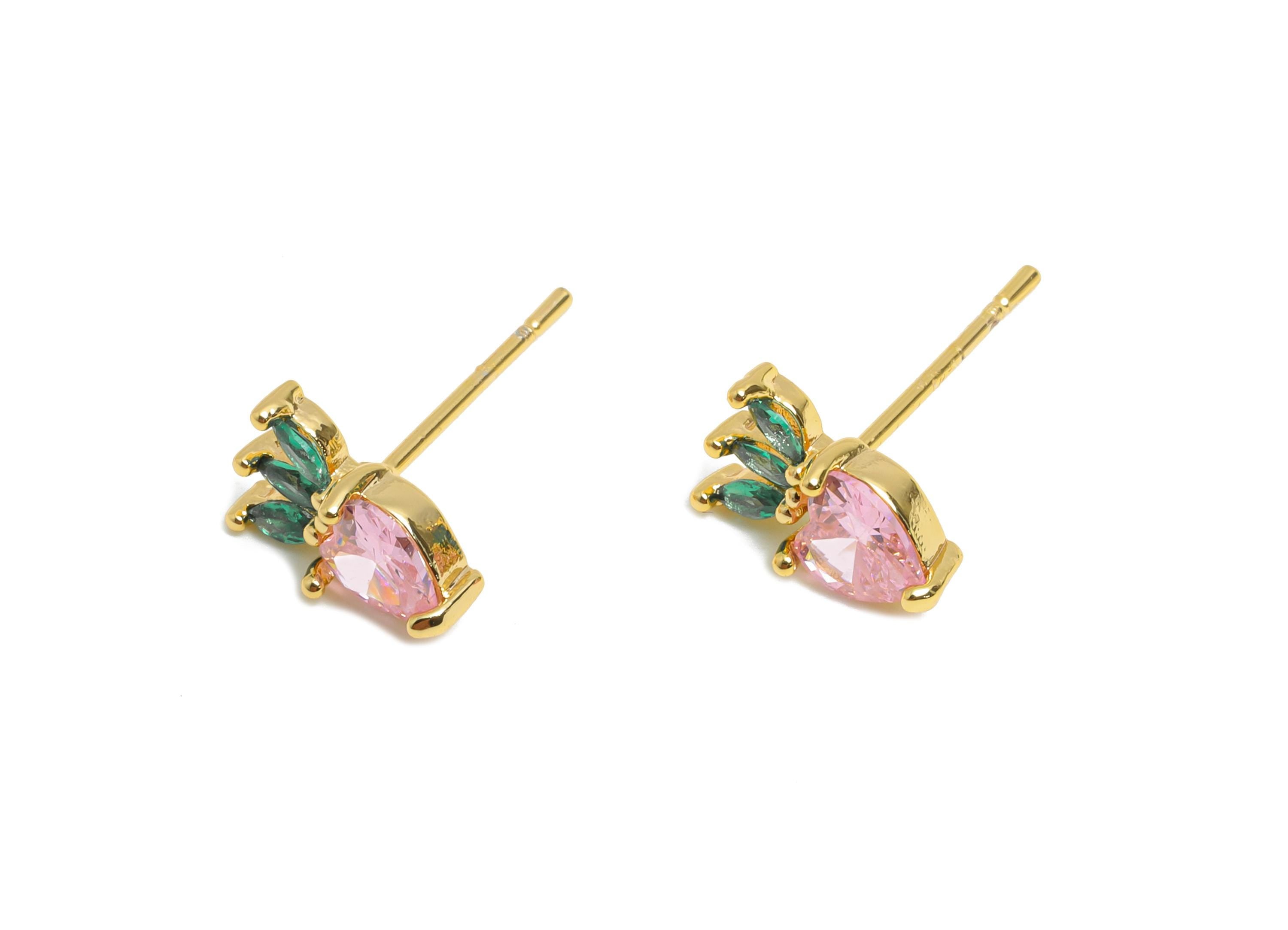 CZ Strawberry Earring Stud - Brass Pink Gemstone Earring - Marquise Shimmering Earring Stud - 18K Real Gold Plated - 9x6x3mm - RGP10374 - DOMEDBAZAAR