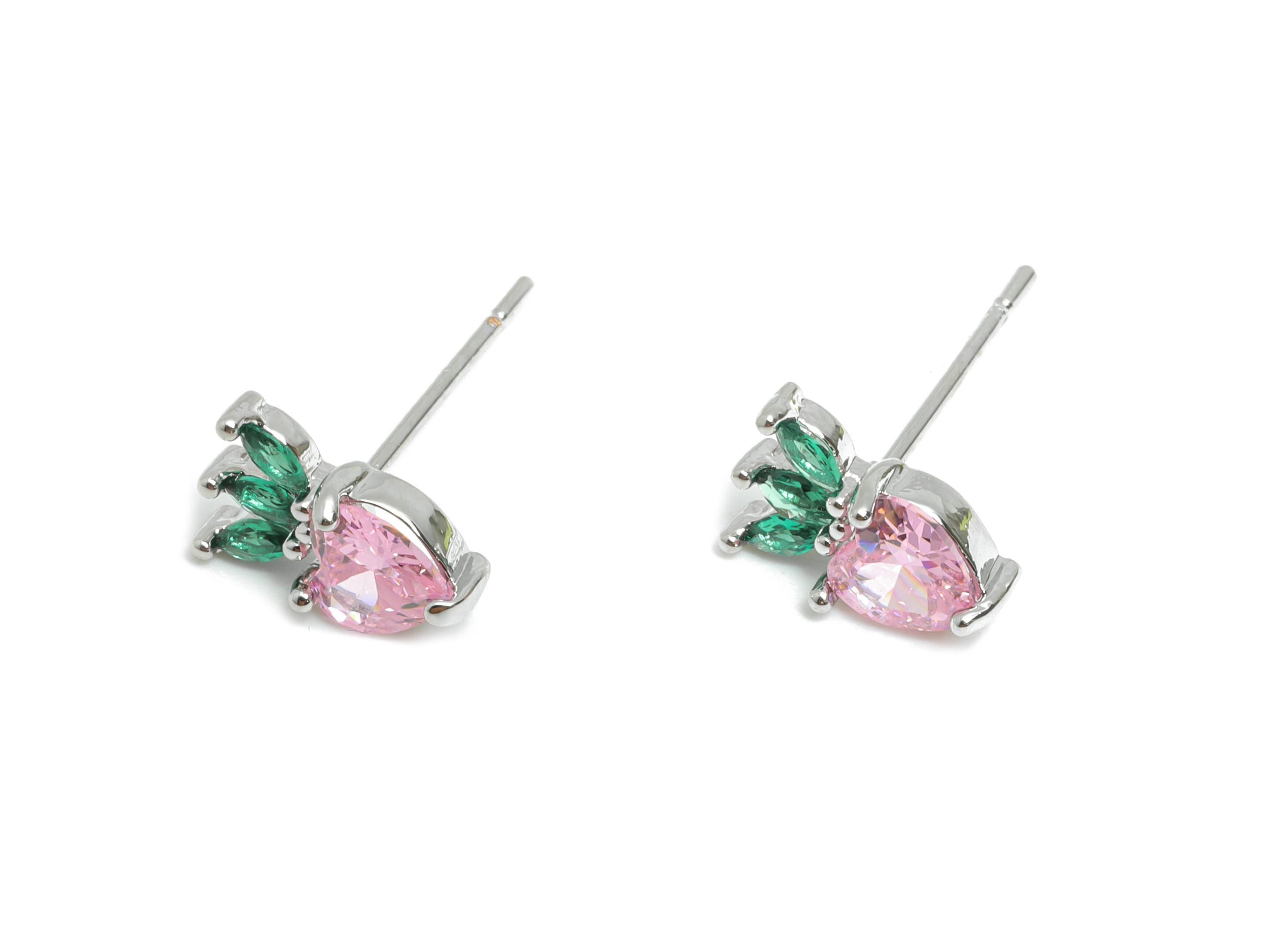 CZ Strawberry Earring Stud - Brass Pink Gemstone Earring - Marquise Shimmering Earring Stud - 18K Real White Gold Plated - 9x6x3mm -RGP10375 - DOMEDBAZAAR