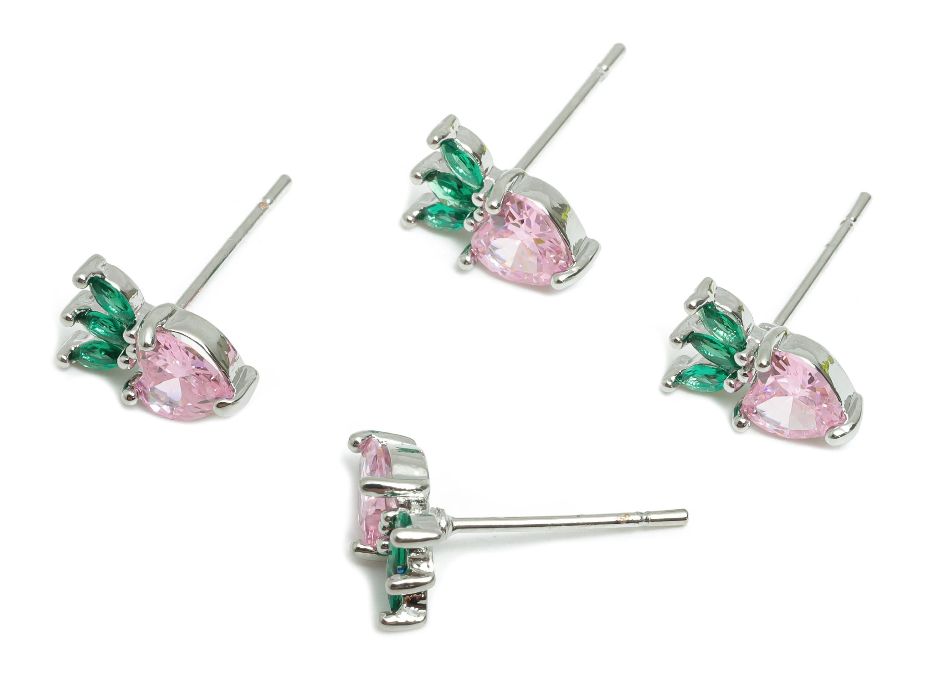 CZ Strawberry Earring Stud - Brass Pink Gemstone Earring - Marquise Shimmering Earring Stud - 18K Real White Gold Plated - 9x6x3mm -RGP10375 - DOMEDBAZAAR