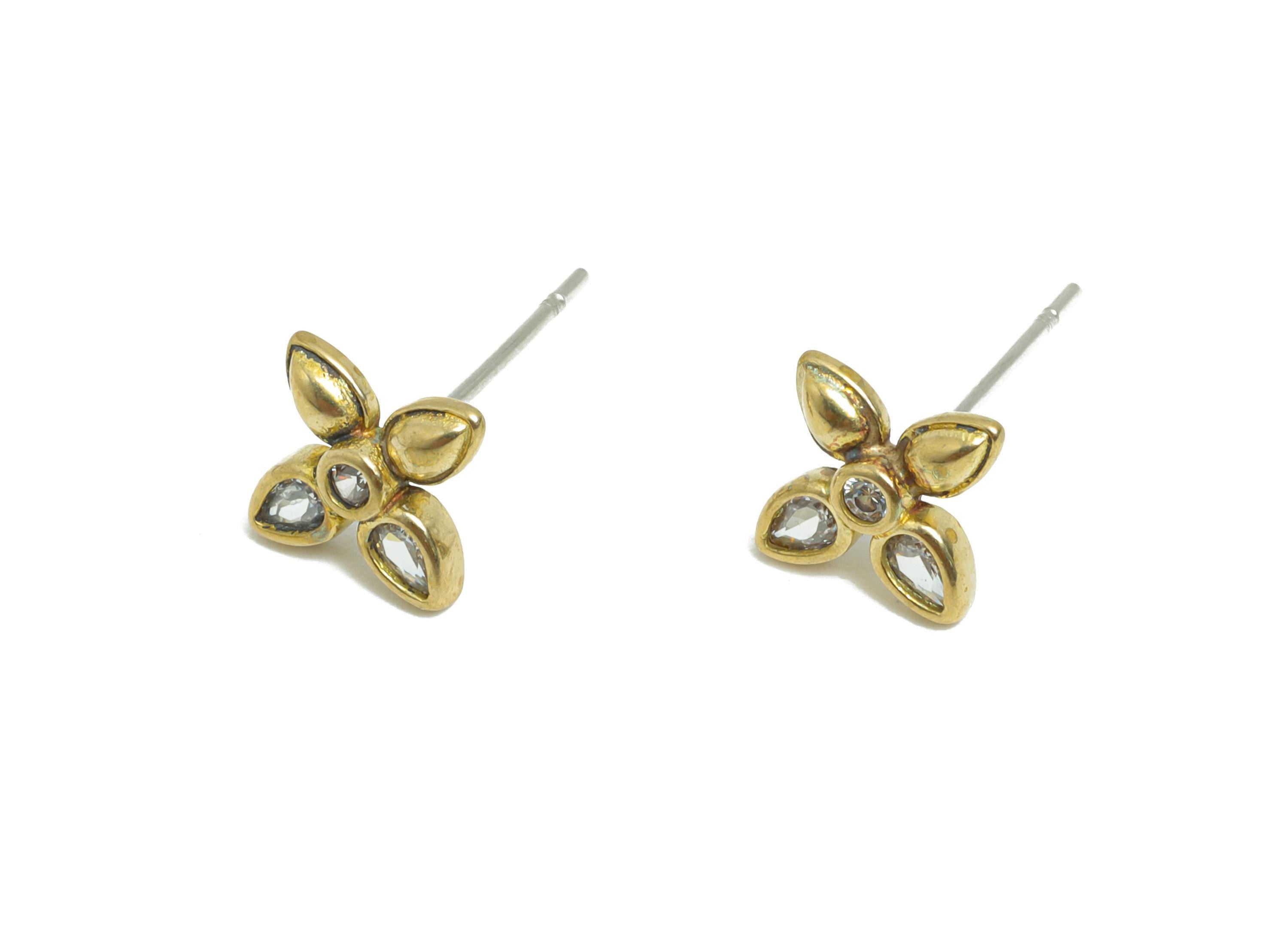 CZ Dainty Flower Stud - Raw Brass Petal Earring - Zircon Floral Stud Earrings - Brass Crystal Everyday Wear  Earring - 9x7x2mm - PP11045 - DOMEDBAZAAR