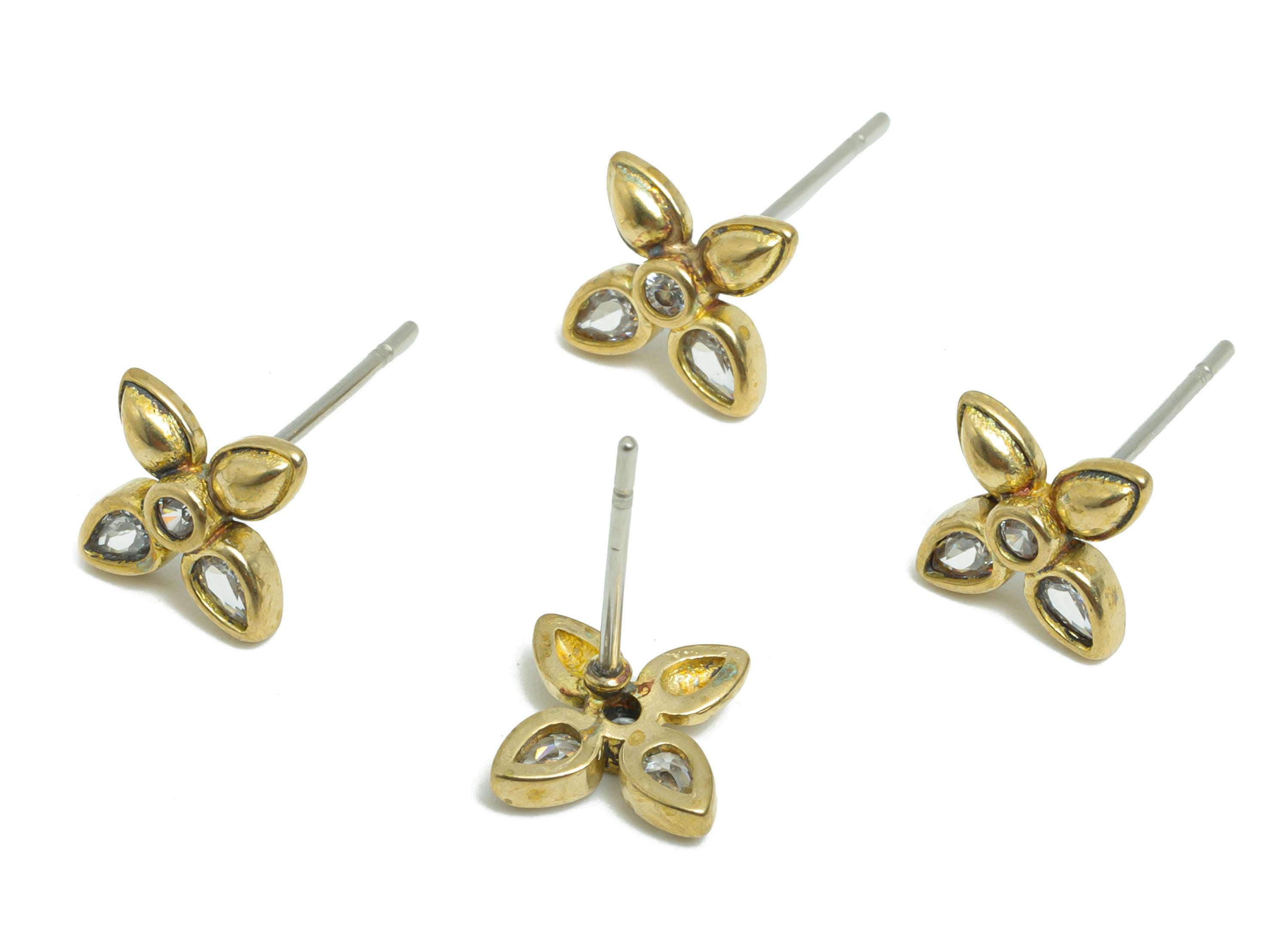 CZ Dainty Flower Stud - Raw Brass Petal Earring - Zircon Floral Stud Earrings - Brass Crystal Everyday Wear  Earring - 9x7x2mm - PP11045 - DOMEDBAZAAR