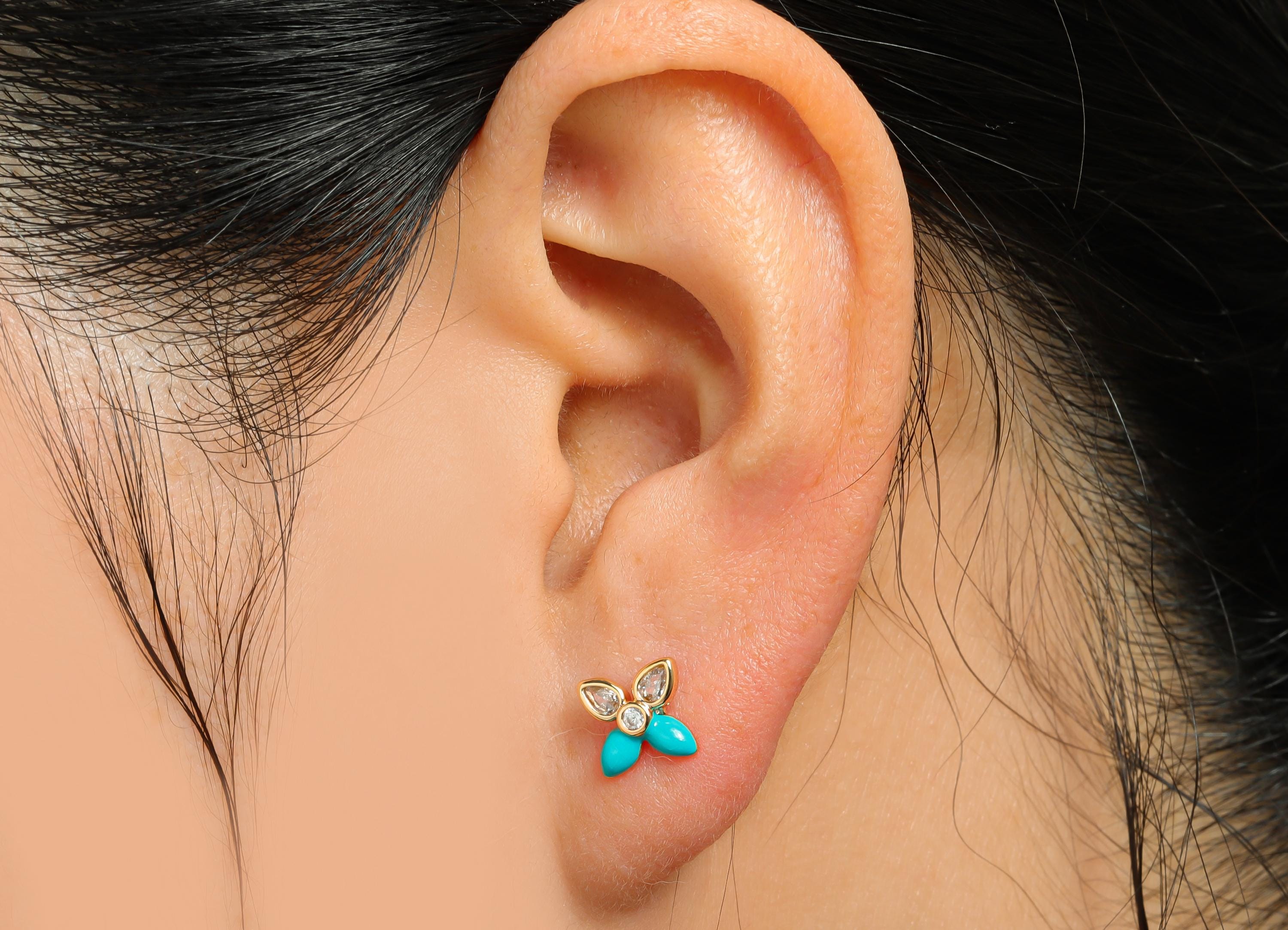 CZ Dainty Flower Stud - Brass Vibrant Enamel Earring Stud - Brass Crystal Everyday Wear Earring - 18K Real Gold Plated - 9x7x2mm - RGP10392A - DOMEDBAZAAR