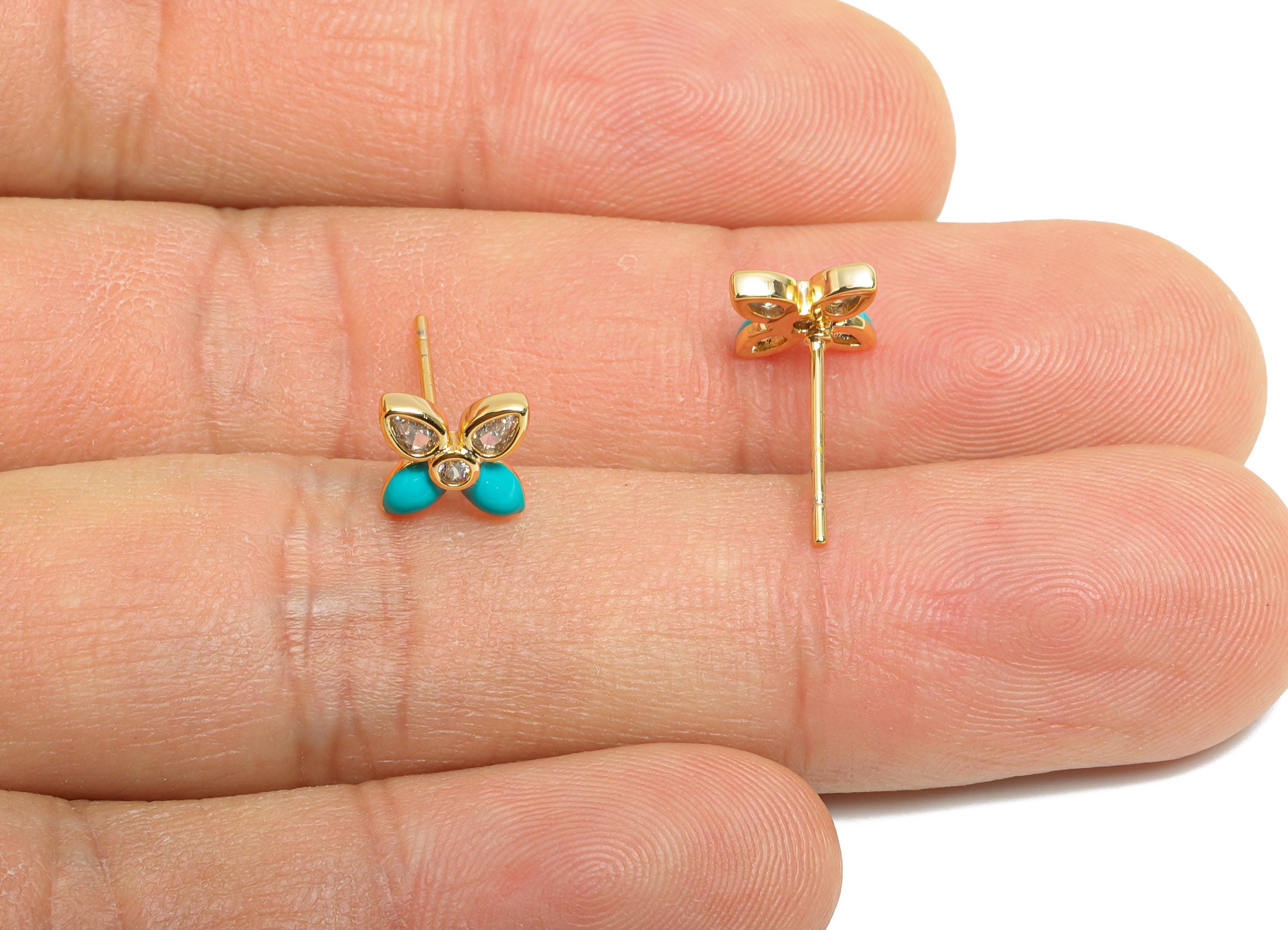 CZ Dainty Flower Stud - Brass Vibrant Enamel Earring Stud - Brass Crystal Everyday Wear Earring - 18K Real Gold Plated - 9x7x2mm - RGP10392A - DOMEDBAZAAR
