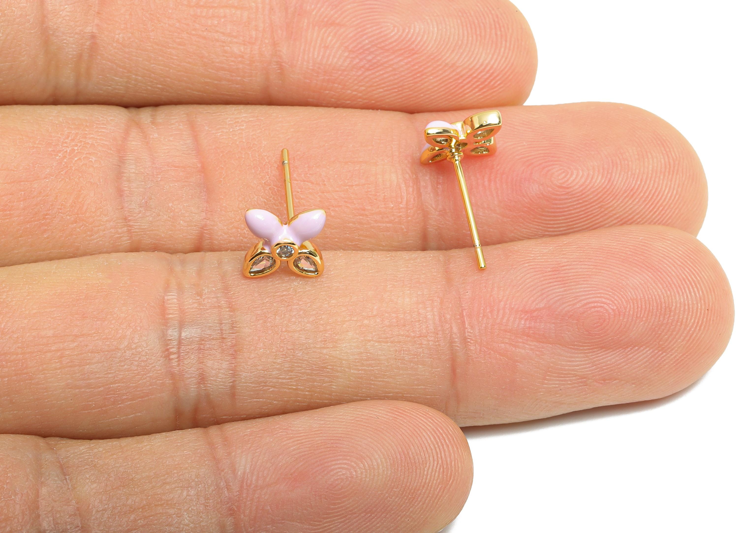 CZ Dainty Flower Stud - Brass Modern Enamel Earring Stud - Brass Crystal Everyday Wear Earring -18K Real Gold Plated - 9x7x2mm -RGP10392C - DOMEDBAZAAR
