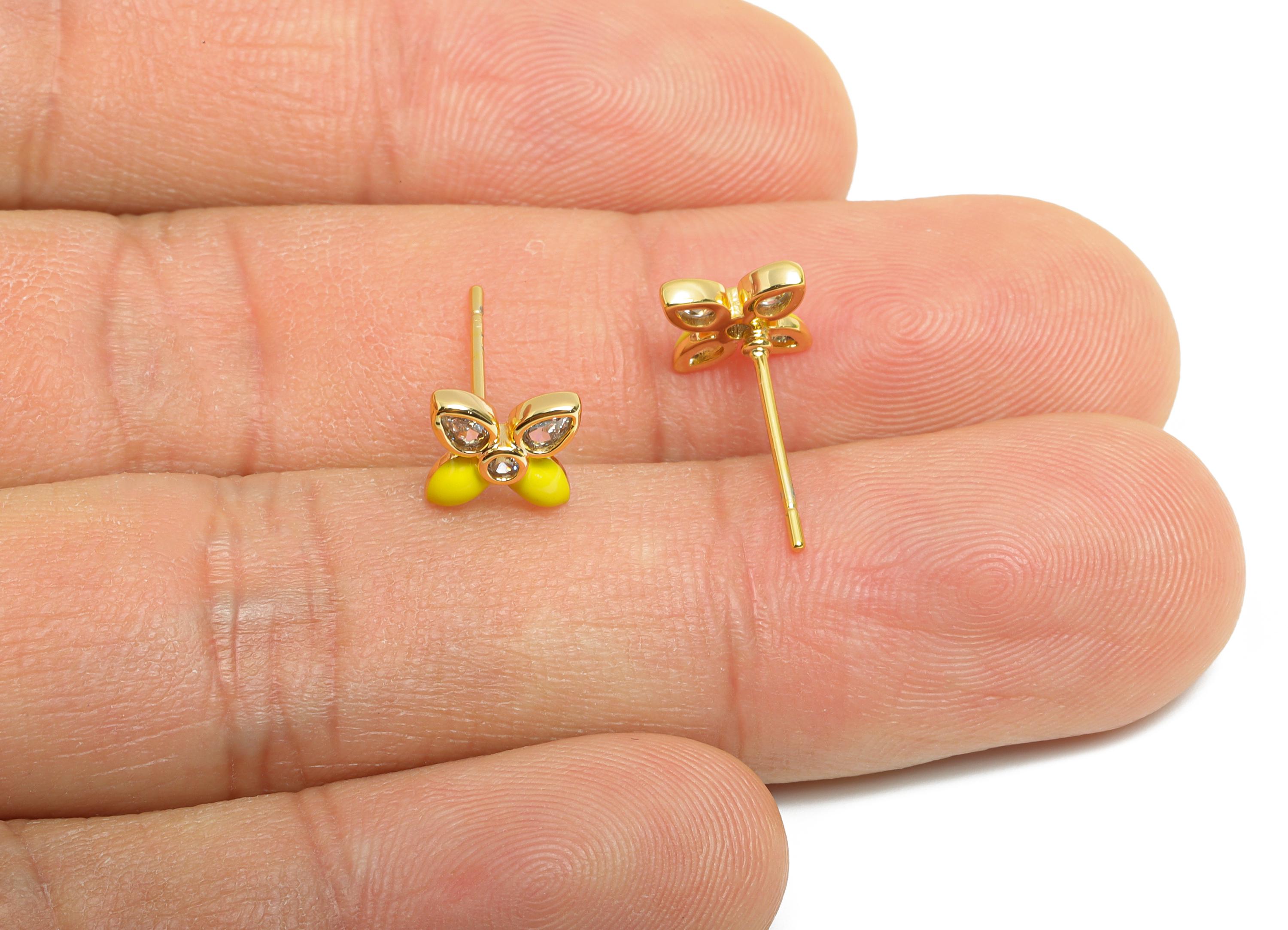 CZ Dainty Flower Stud - Brass Modern Enamel Earring Stud - Brass Elegant Colorful Everyday Wear - 18K Real Gold Plated - 9x7x2mm - RGP10392D - DOMEDBAZAAR
