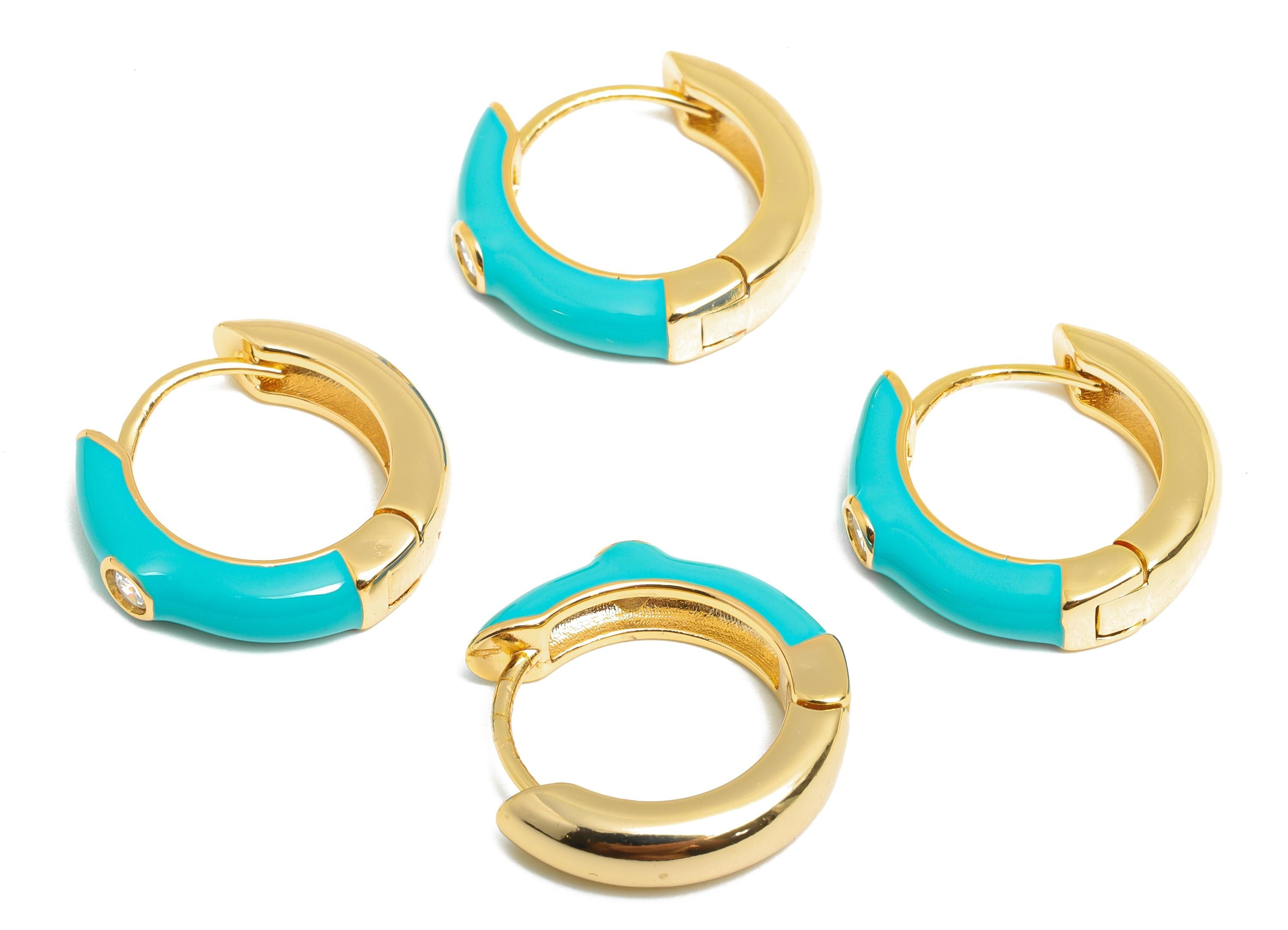 Gold Hoop Earring - Brass Vibrant Blue Enamel Hoop Clasp - Bright Gold Enamel Huggie Hoop - 18K Real Gold Plated - 19x18x4mm - RGP10378D - DOMEDBAZAAR