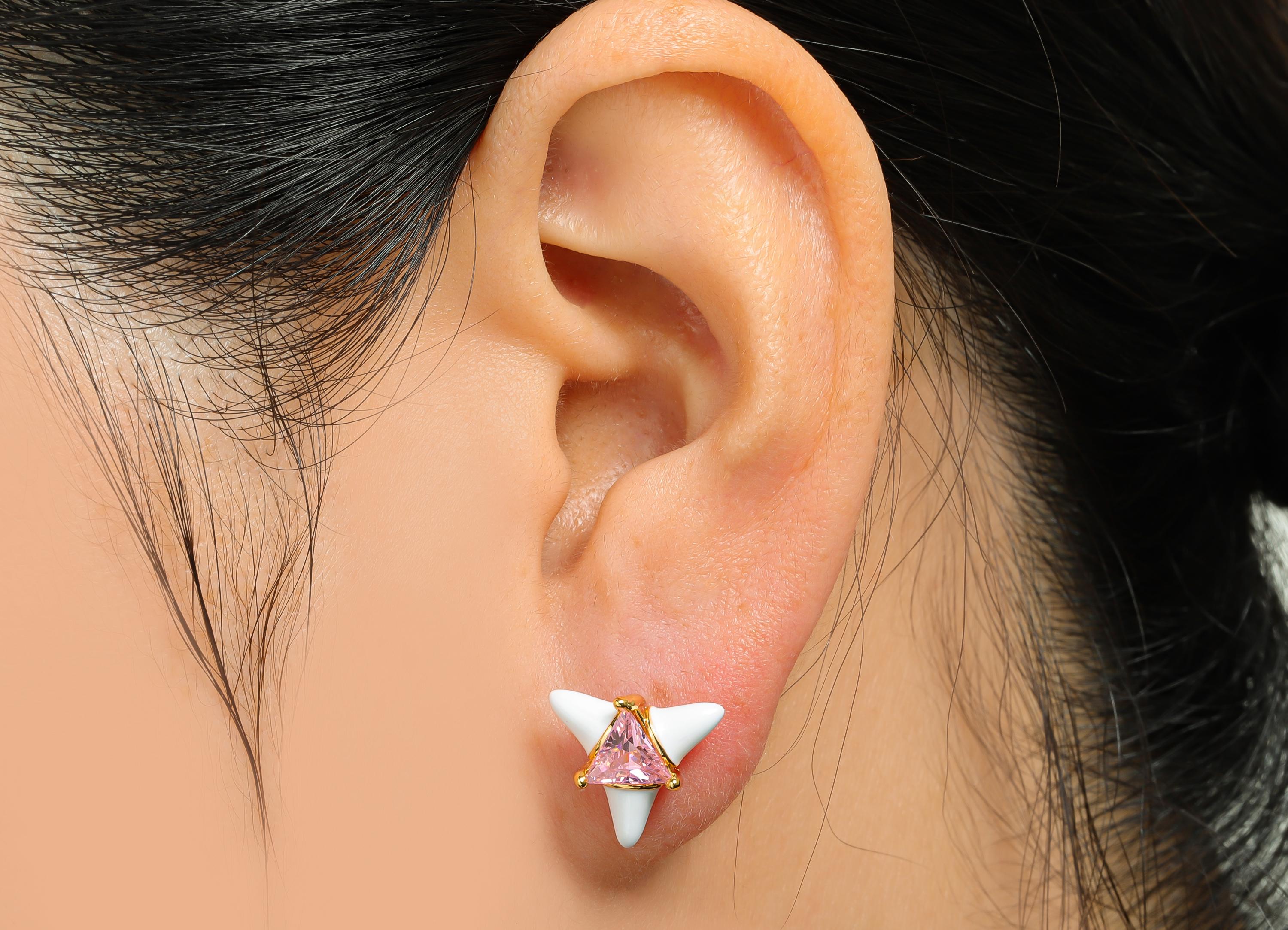 Chic Triangle Stud Earring - Brass White Enamel Bold Earring - Vibrant Cubic Zircon Jewelry - 18k Real Gold Plated - 12x12x5mm - RGP10389B - DOMEDBAZAAR