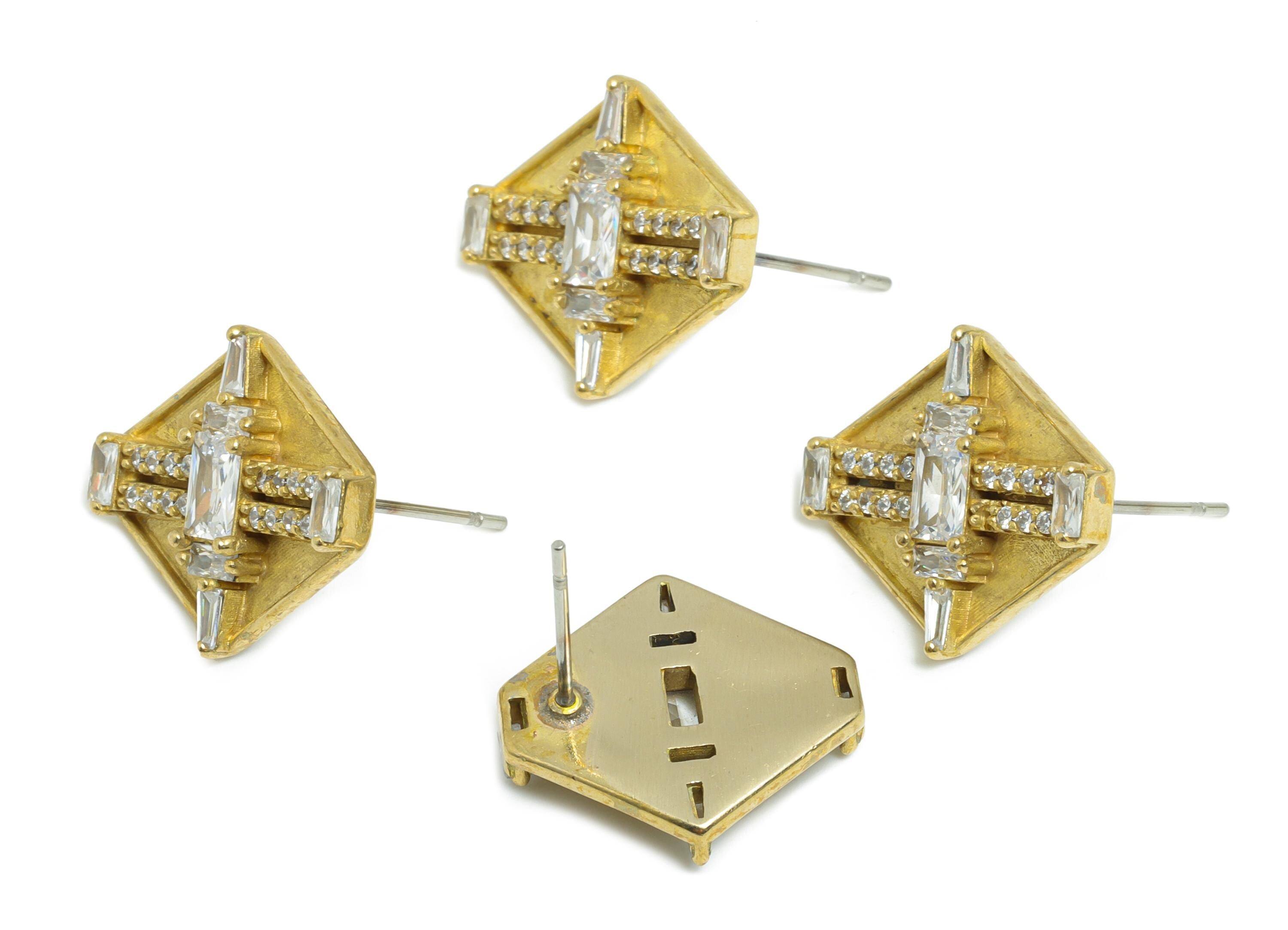 Hexagonal Geometric Earring - Raw Brass Sophisticated Party Earring - Rectangular Baguette Cut Stone - Modern Jewelry - 17x16x4mm - PP11039 - DOMEDBAZAAR