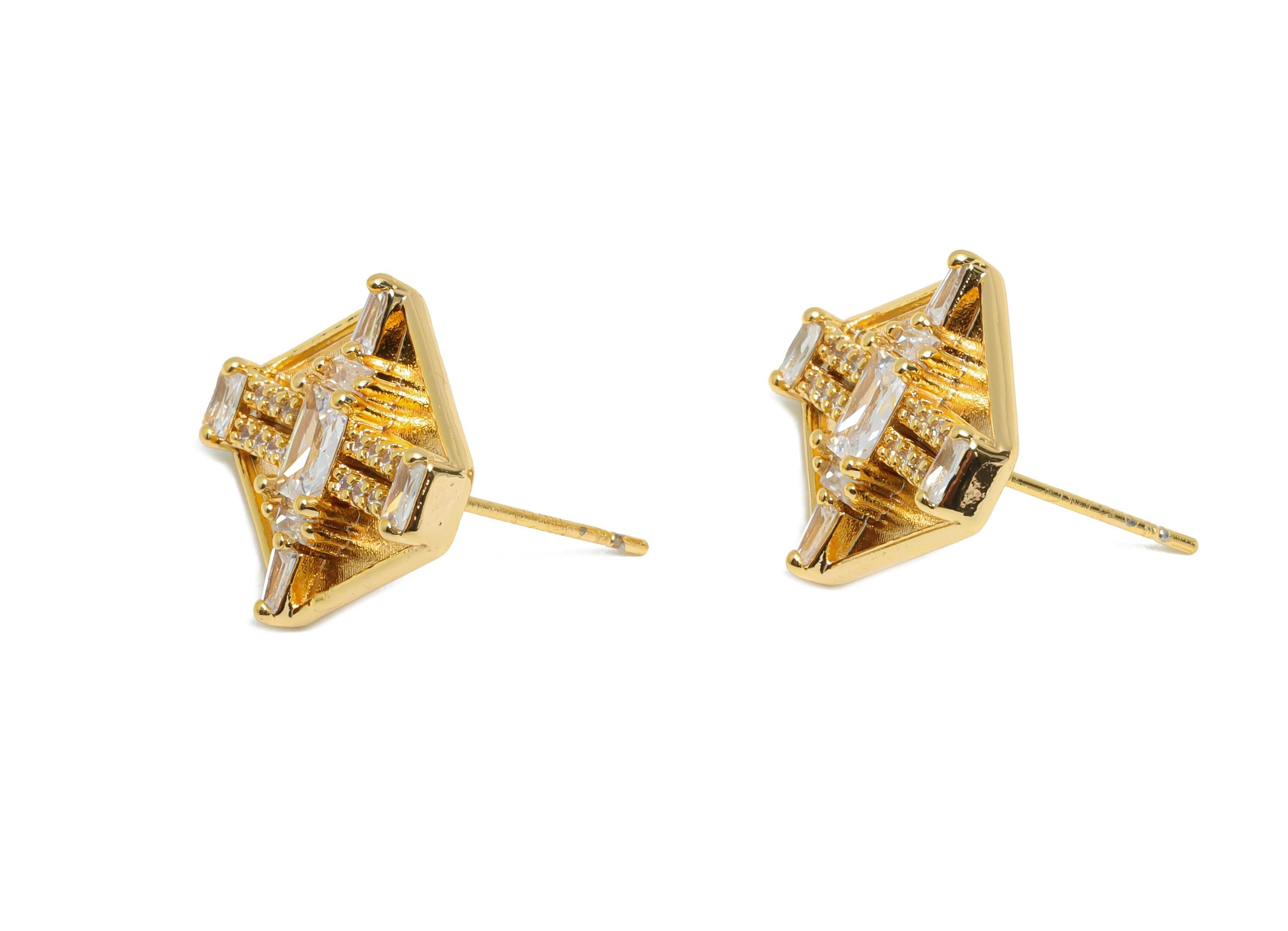 Hexagonal Geometric Earring - Brass Sophisticated Party Earring - Rectangular Baguette Cut Stone - 18K Real Gold Plated - 17x16x4mm-RGP10379 - DOMEDBAZAAR