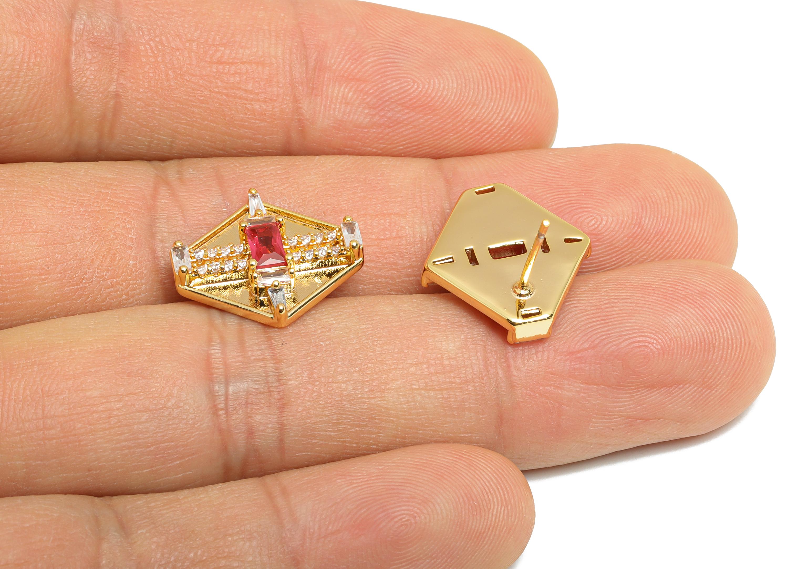 Hexagonal Ruby Earring - Brass Sophisticated Party Earring - Rectangular Baguette Cut Stone - 18K Real Gold Plating - 17x16x4mm - RGP11380 - DOMEDBAZAAR