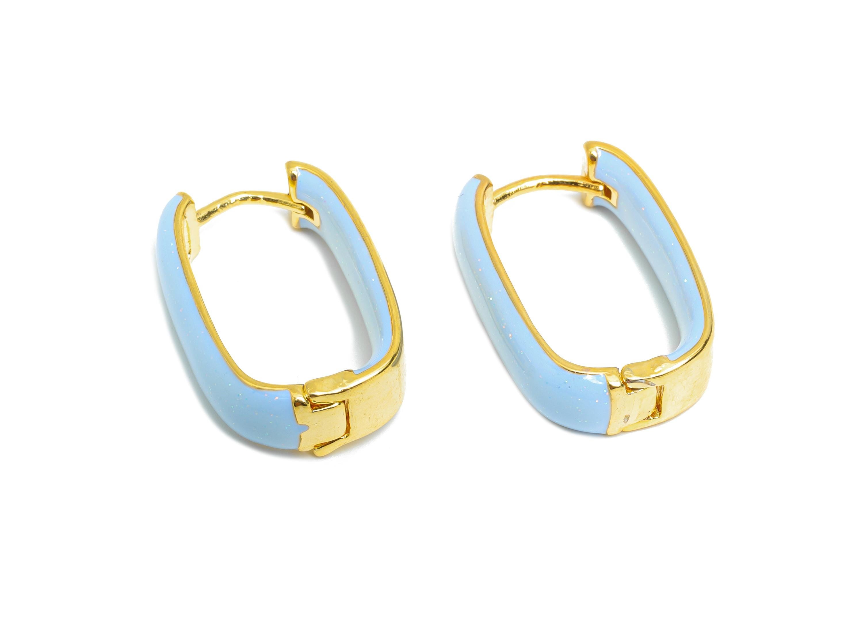 Brass U Shape Hoop Earring - Blue Enamel Chunky Earring - Minimalist Gold Oval Earring - 18K Real Gold Plated - 21.01x14.92x6.2mm -RGP9604B - DOMEDBAZAAR