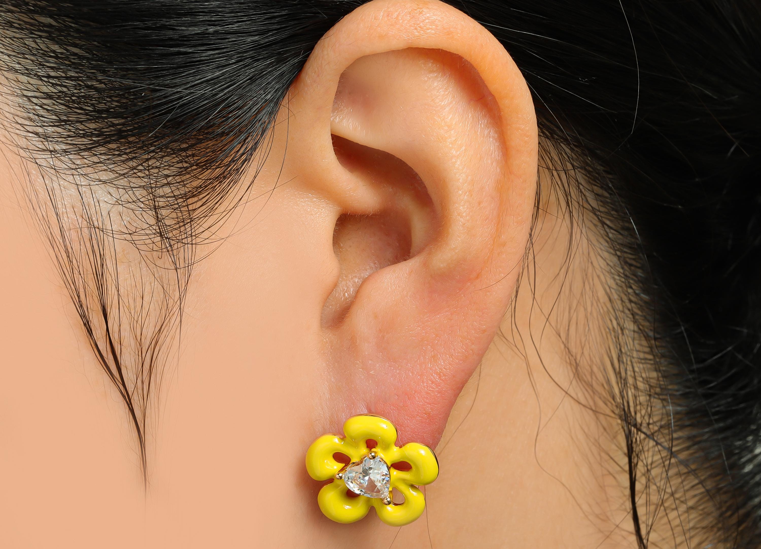 Yellow Enamel Flower Earring - Brass Cubic Zircon Colorful Earring - Bold Spring Summer Charm - 18K Real Gold Plating - 17x16x4mm-RGP10377A - DOMEDBAZAAR