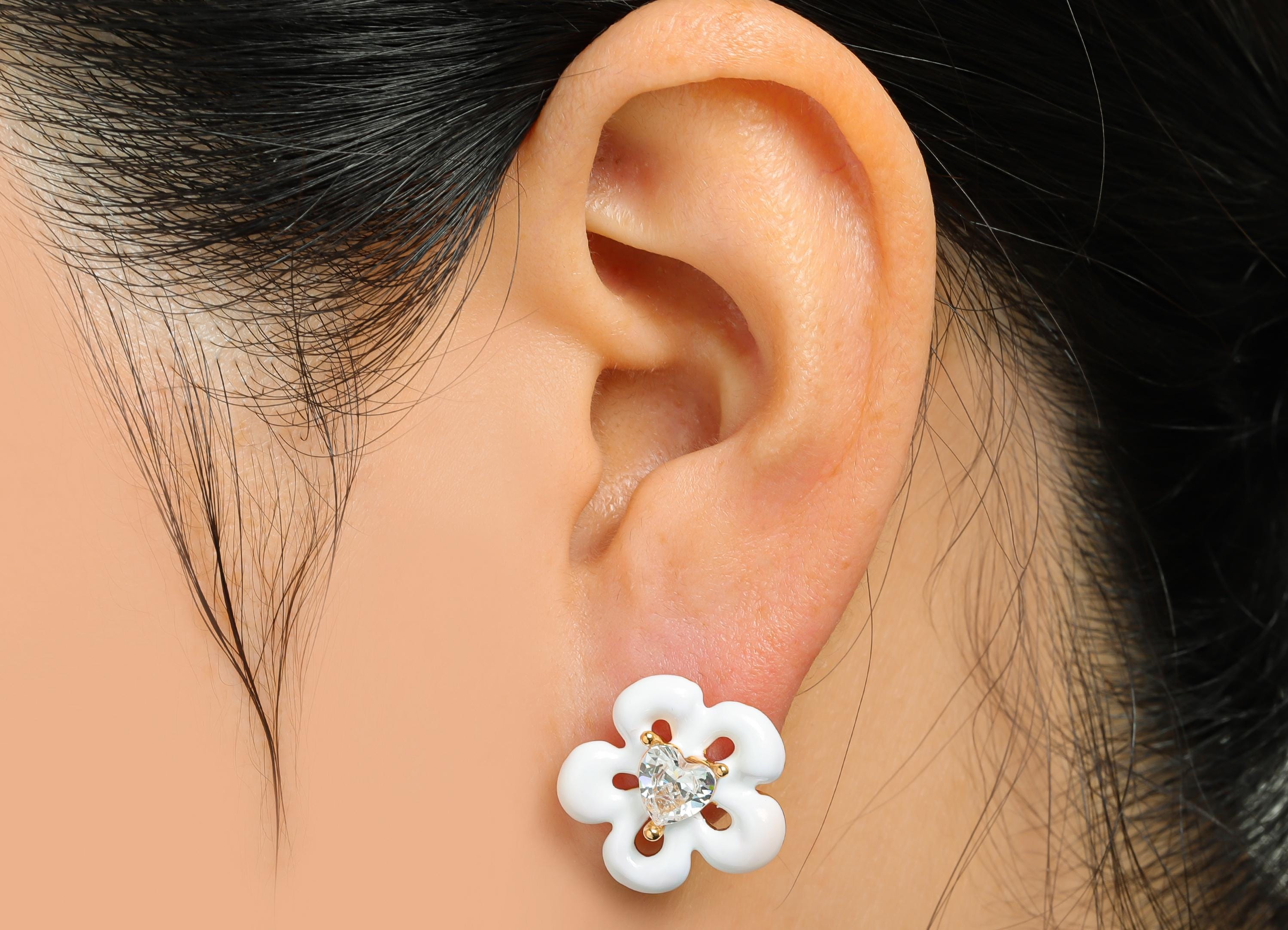 White Enamel Flower Earring - Brass Cubic Zircon Colorful Earring - Bold Spring Summer Charm - 18K Real Gold Plating - 17x16x4mm -RGP10377B - DOMEDBAZAAR