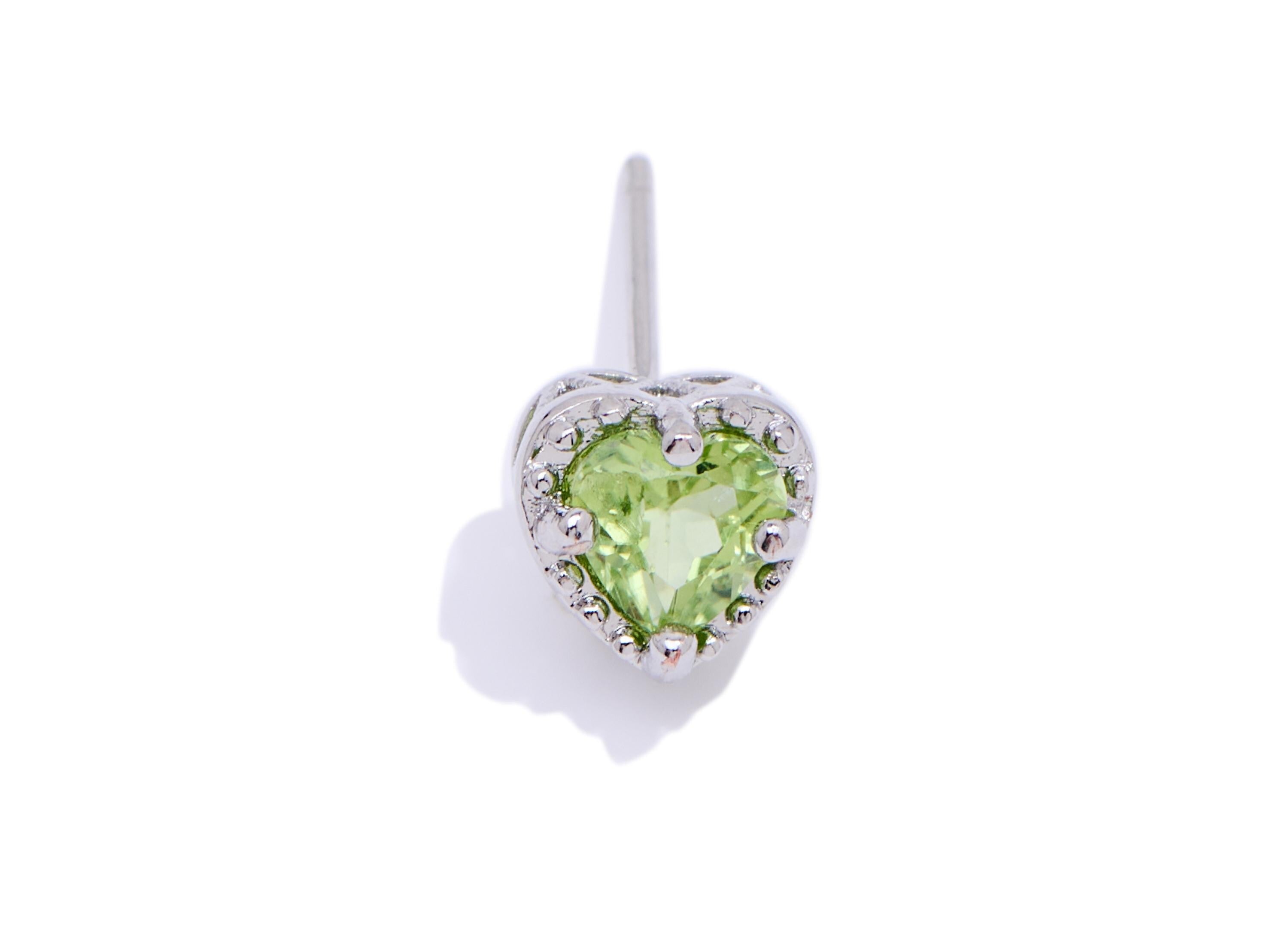 Olivine Heart Earring Stud - Brass Stone Sparking Green Earring Post - Everyday Wear Jewelry Making - White K Plated - 6x7x5.9mm - NS2613 - DOMEDBAZAAR