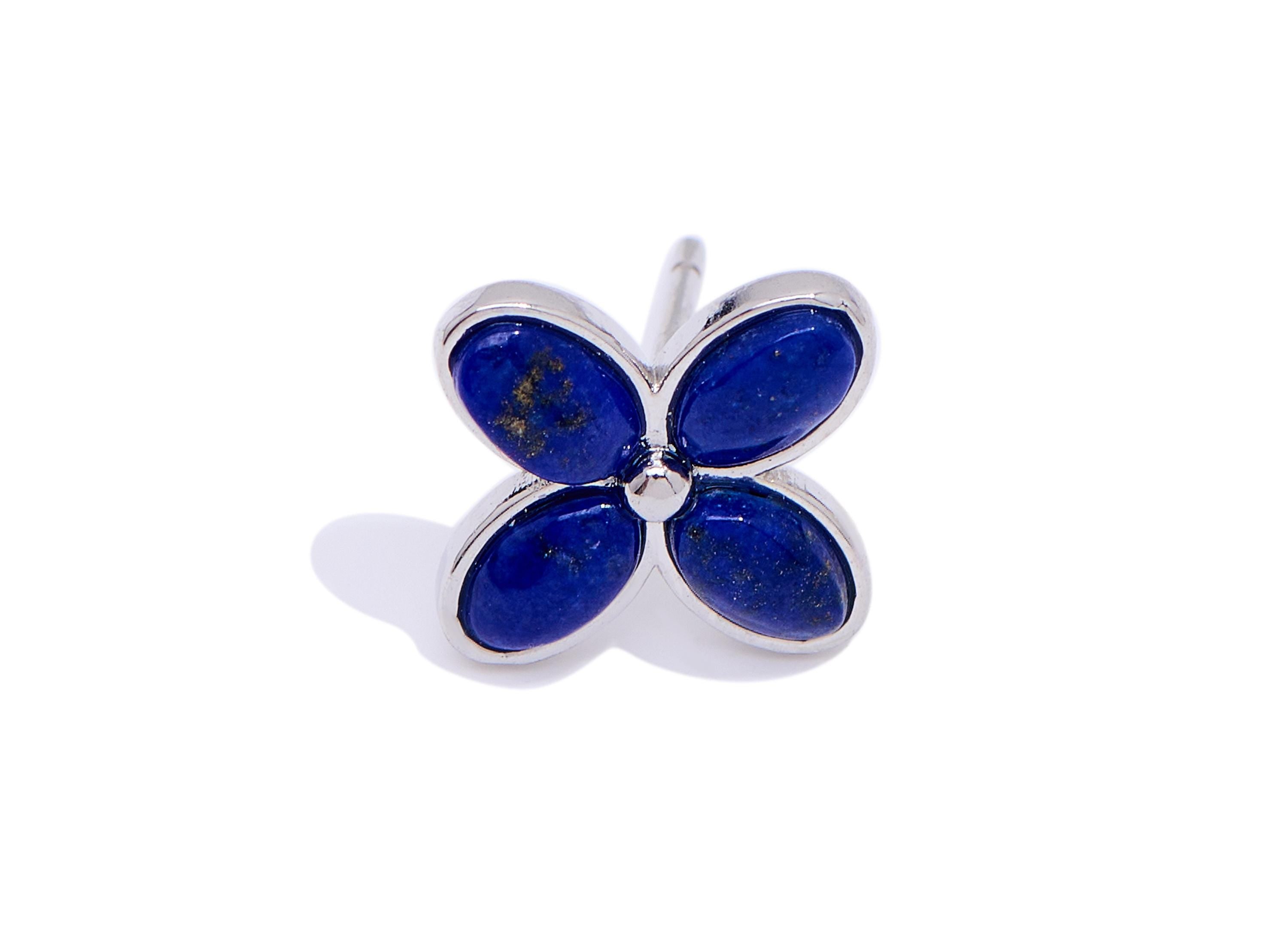 Lapis lazuli Heart Earring Stud - Brass Flower Vintage Looking Earring Post - Dainty Jewelry Making - White K Plated - 13x10x2.83mm - NS2599 - DOMEDBAZAAR