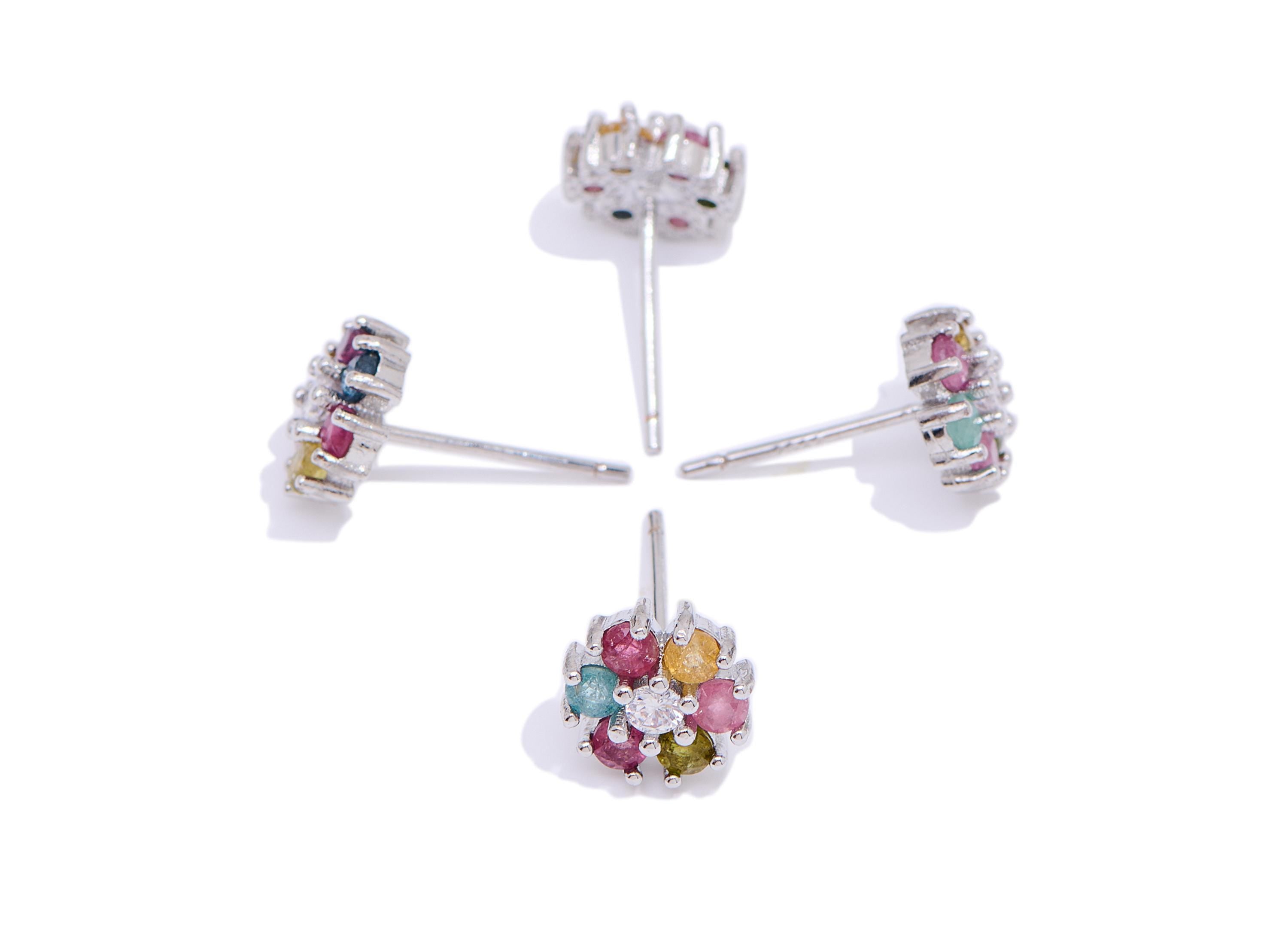 Tourmaline Floral Earring Stud - Brass Stone Sparking Earring Post - Everyday Wear Jewelry Making - White K Plated - 8.2x8.18x4mm - NS2601 - DOMEDBAZAAR