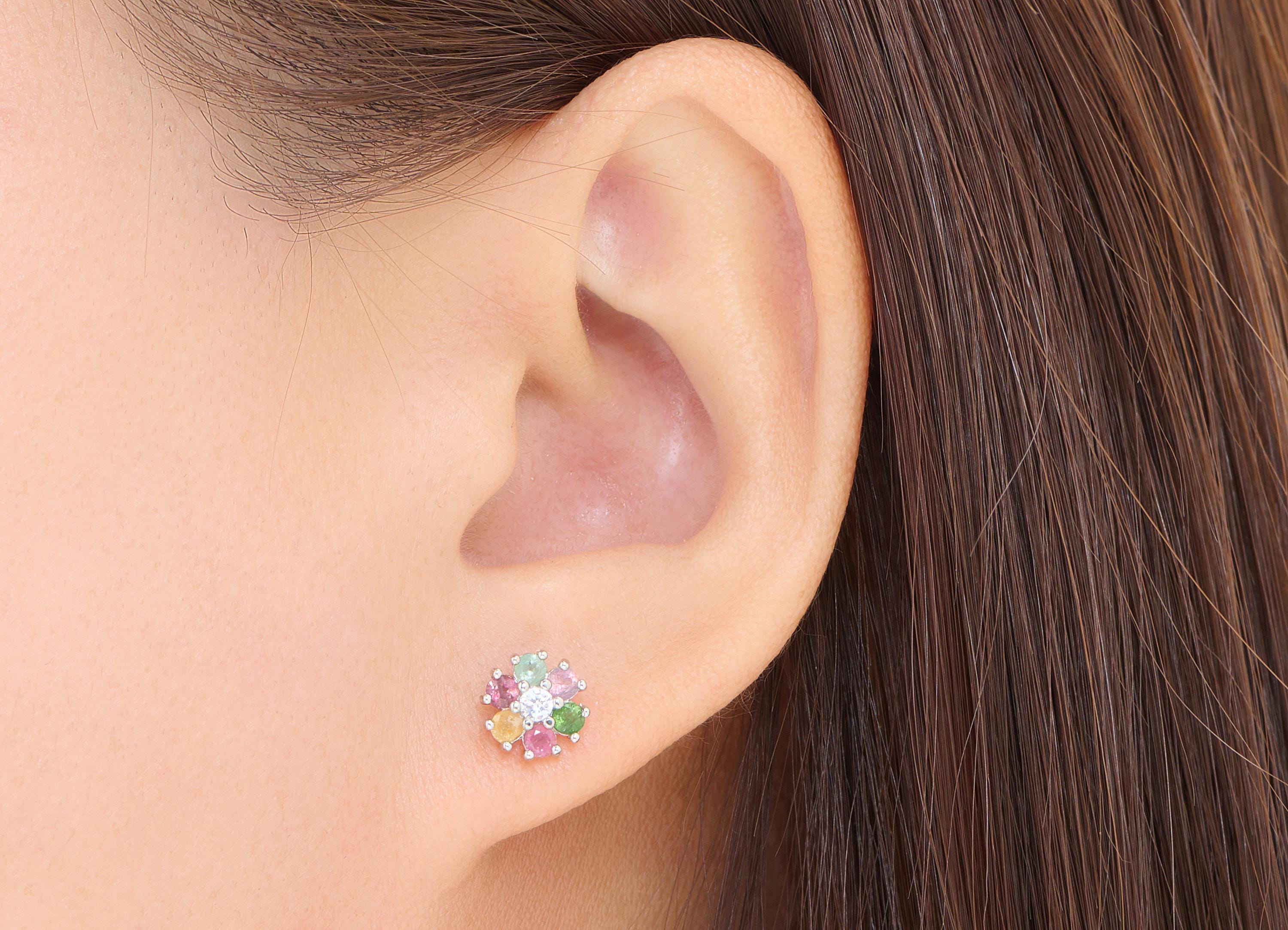 Tourmaline Floral Earring Stud - Brass Stone Sparking Earring Post - Everyday Wear Jewelry Making - White K Plated - 8.2x8.18x4mm - NS2601 - DOMEDBAZAAR