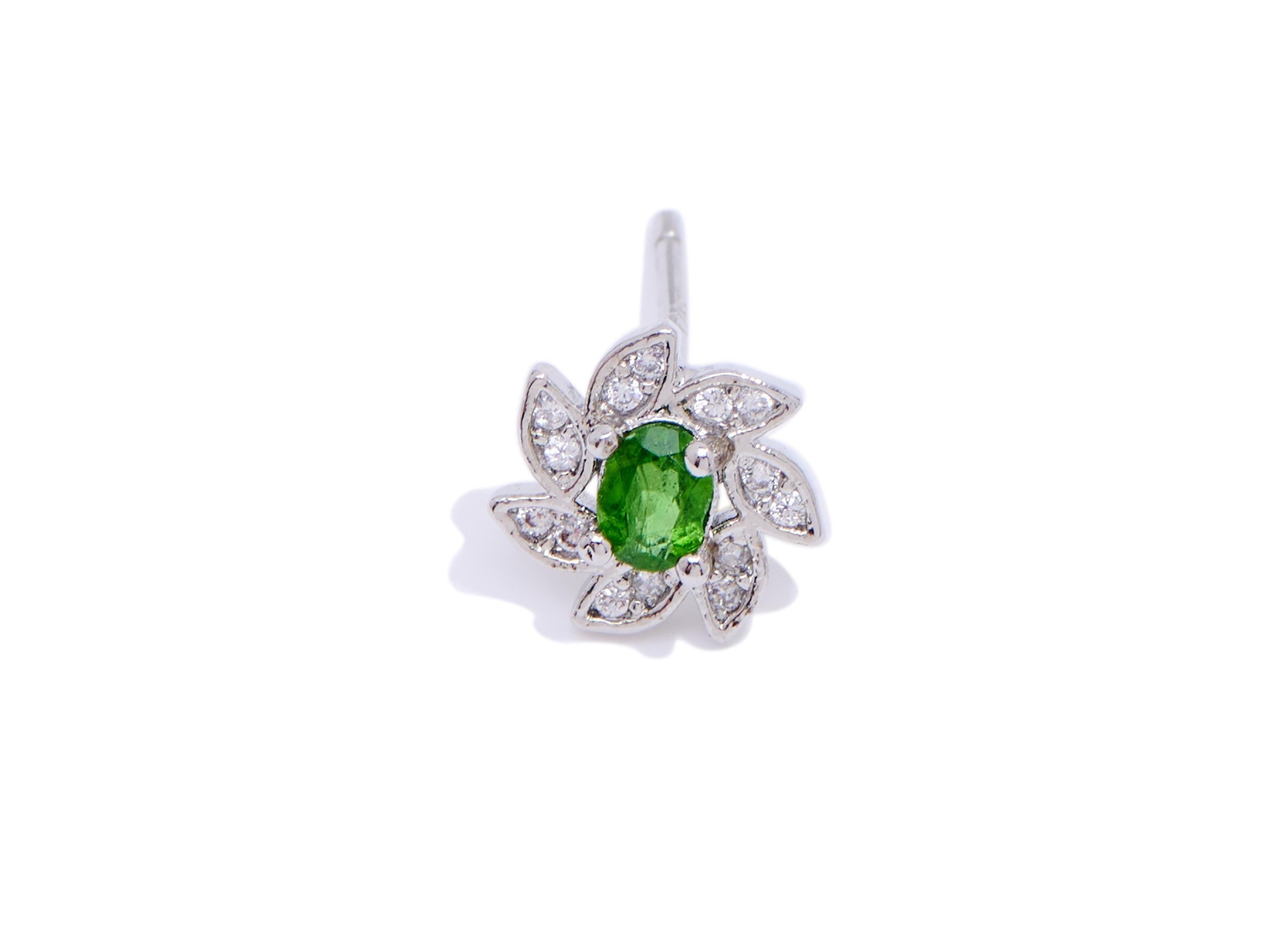 Diopside Floral Earring Stud - Brass Zircon Sparking Earring Post - Everyday Wear Jewelry Making - White K Plated - 8.4x8.47x3.1mm - NS2642 - DOMEDBAZAAR