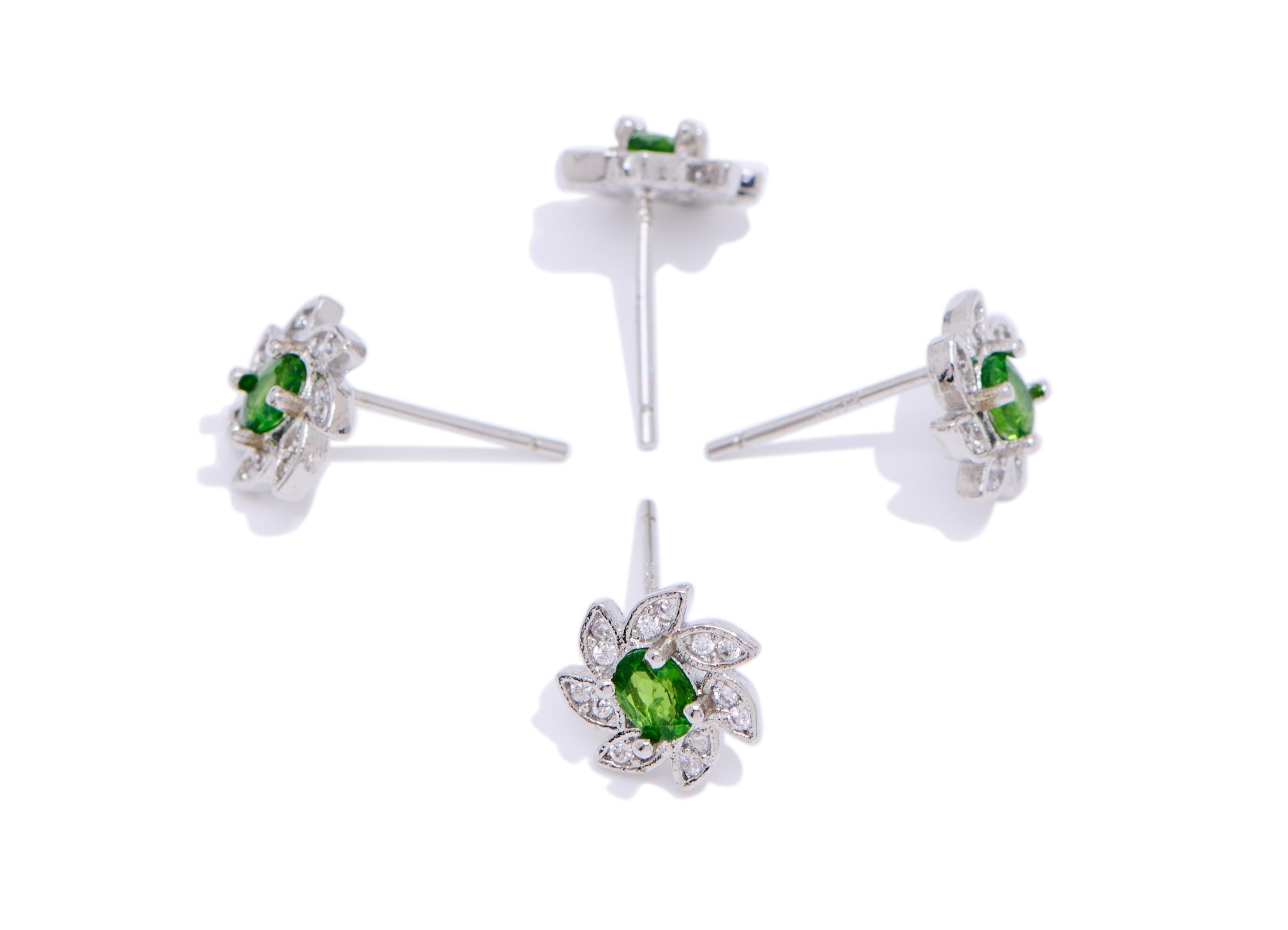 Diopside Floral Earring Stud - Brass Zircon Sparking Earring Post - Everyday Wear Jewelry Making - White K Plated - 8.4x8.47x3.1mm - NS2642 - DOMEDBAZAAR