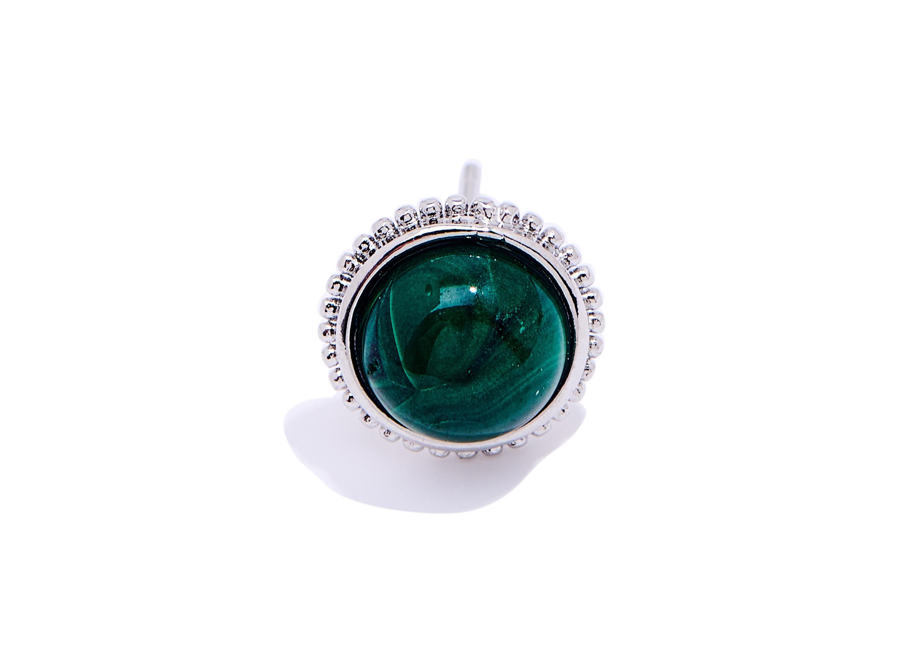 Malachite Brass Round Studs - Natural Gemstone Earring Posts - Elegant Jewelry - Silver Stud - White K Plated - 10.73x10.73x4.53mm - NS2560 - DOMEDBAZAAR