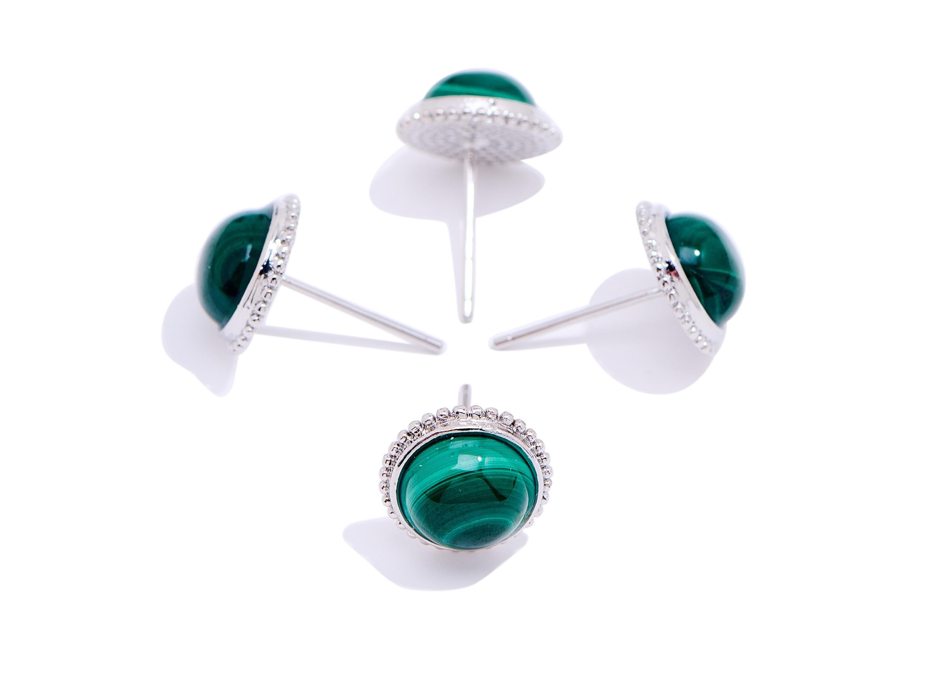 Malachite Brass Round Studs - Natural Gemstone Earring Posts - Elegant Jewelry - Silver Stud - White K Plated - 10.73x10.73x4.53mm - NS2560 - DOMEDBAZAAR