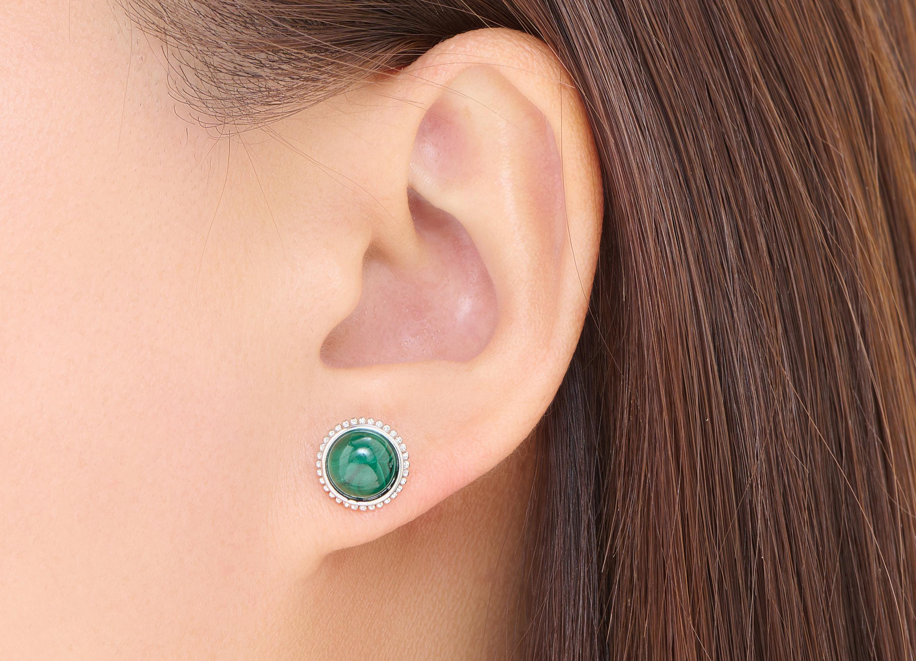 Malachite Brass Round Studs - Natural Gemstone Earring Posts - Elegant Jewelry - Silver Stud - White K Plated - 10.73x10.73x4.53mm - NS2560 - DOMEDBAZAAR