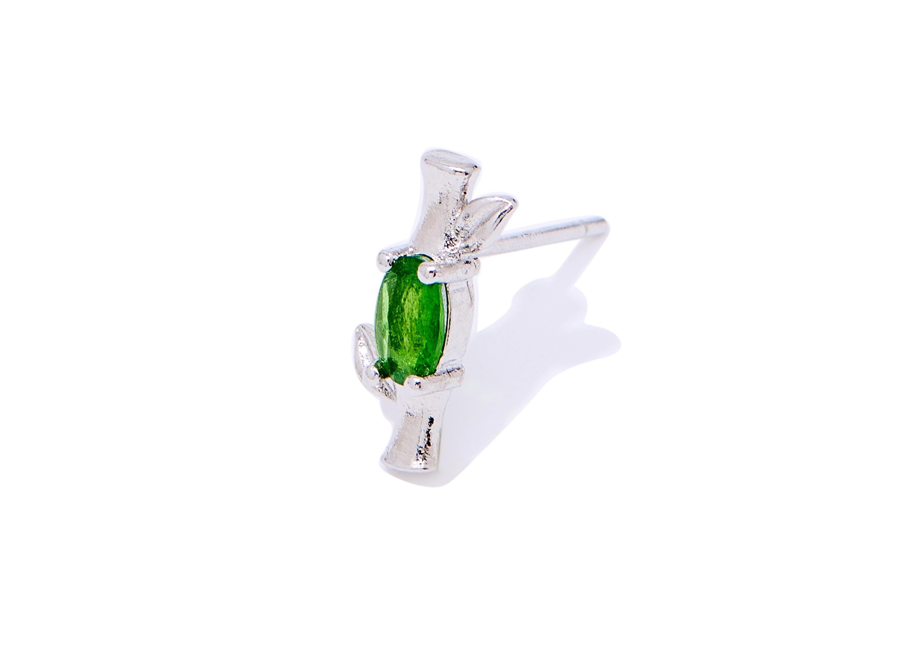 Diopside Stone Brass Bamboo Studs - Natural Gemstone Earring Post - Chic Jewelry - Silver Stud - White K Plated - 12.18x5.2x2.67mm - NS2641 - DOMEDBAZAAR