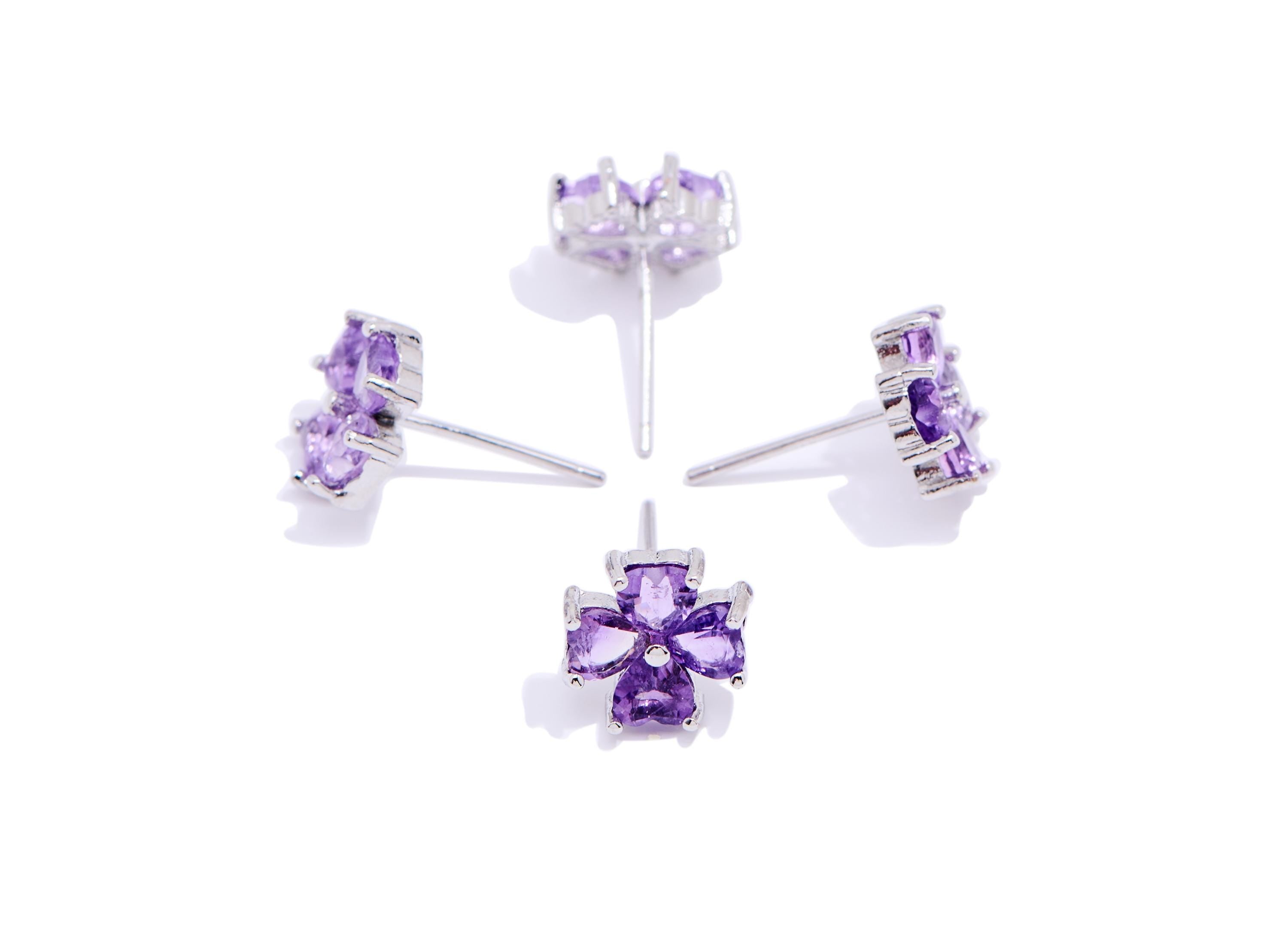 Amethyst Stone Floral Earring Stud - Sparking Brass Heart Stone Post - Jewelry Making - Silver Stud - White K Plated - 10x9.5x3.94mm -NS2665 - DOMEDBAZAAR
