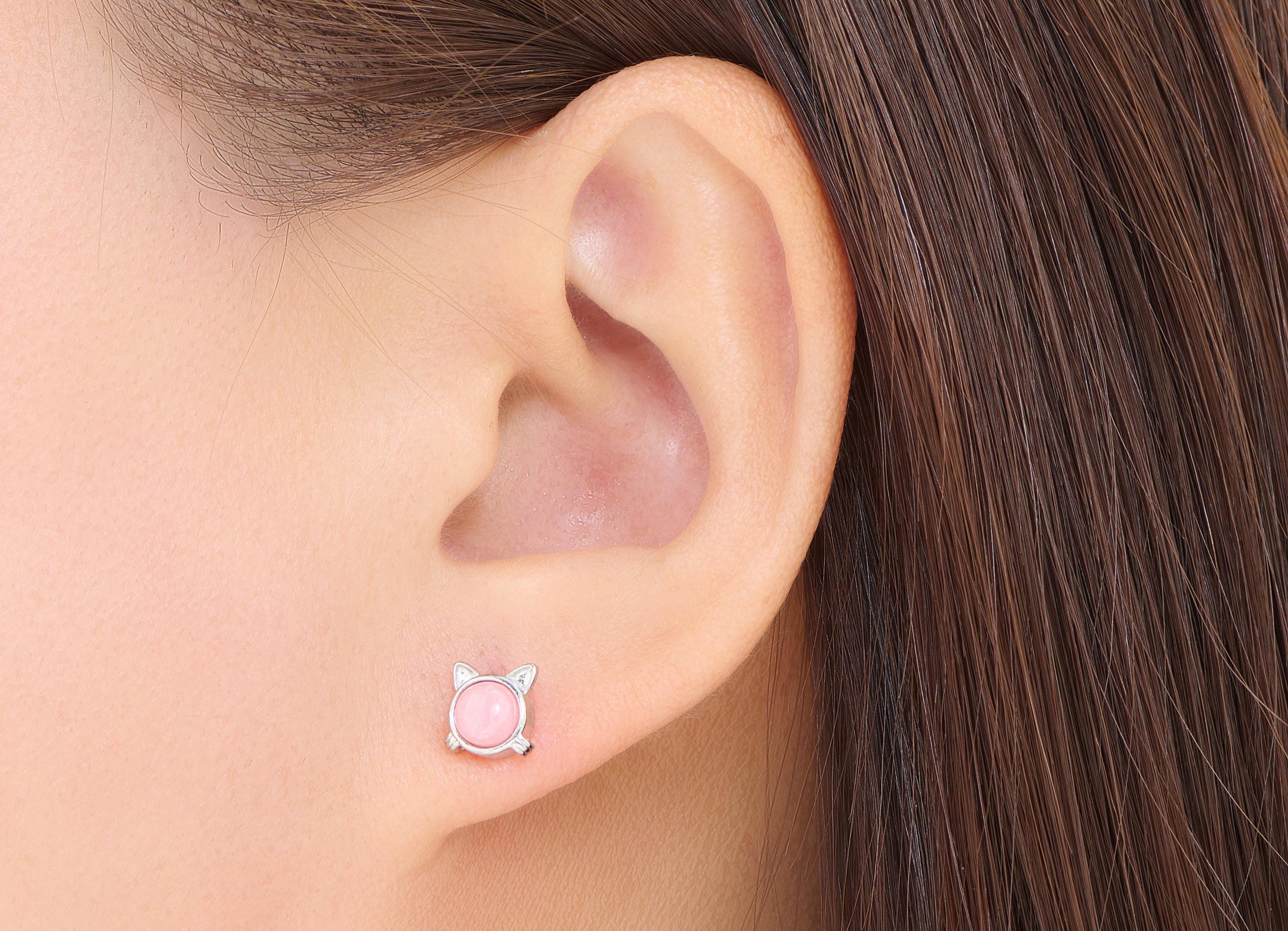 Rhodendron Stone Earring Stud - Brass Cute Cat Stone Earring Post - Minimalist Dainty Jewelry Making - White K Plated - 7.48x7x4mm - NS2565 - DOMEDBAZAAR