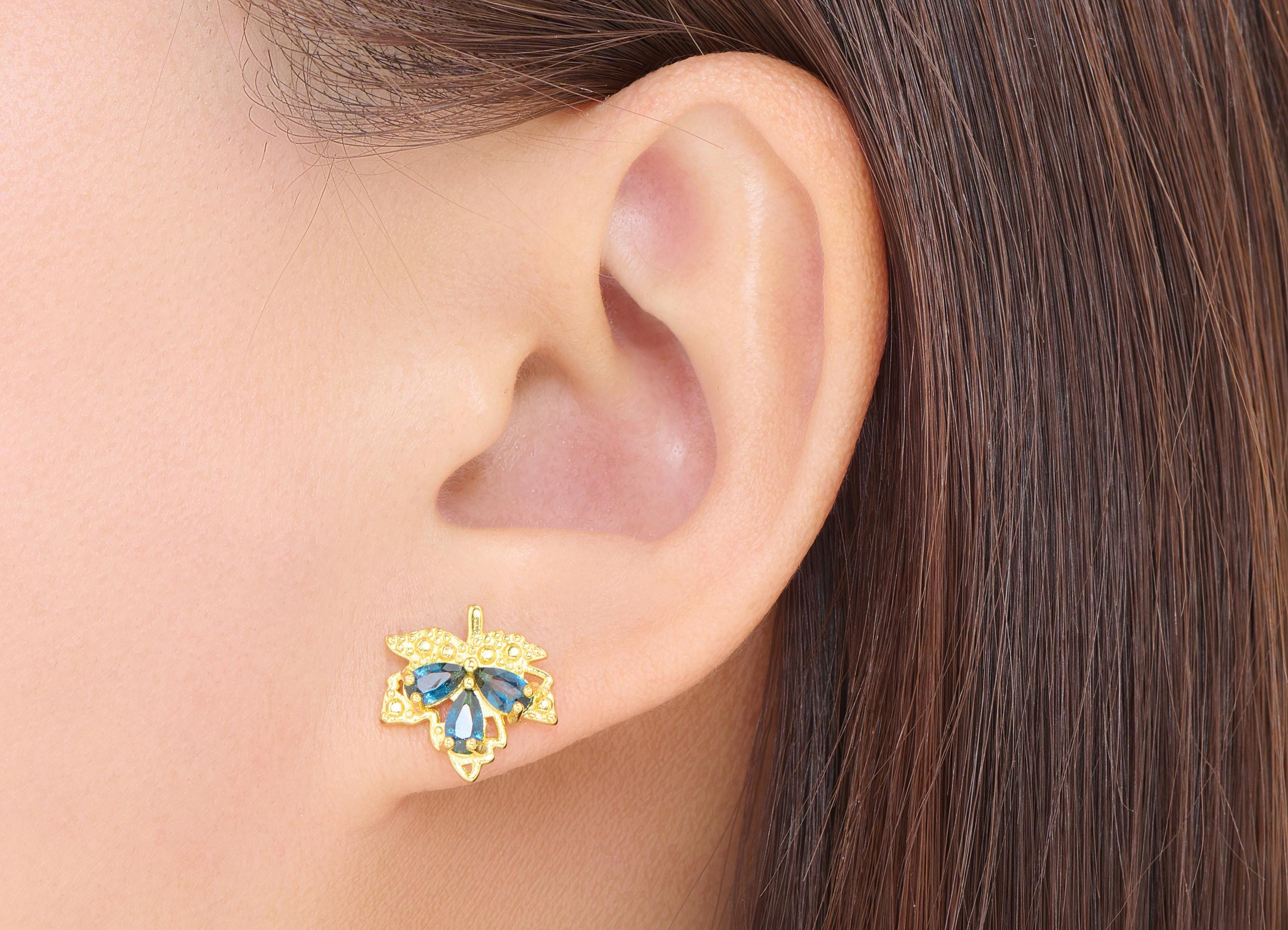 Topaz Maple Leaf Earring Stud - Sparking Gold Brass Gemstone Post - Jewelry Making - Silver Stud - White K Plated - 14.8x13.85x3.3mm -NS2584 - DOMEDBAZAAR