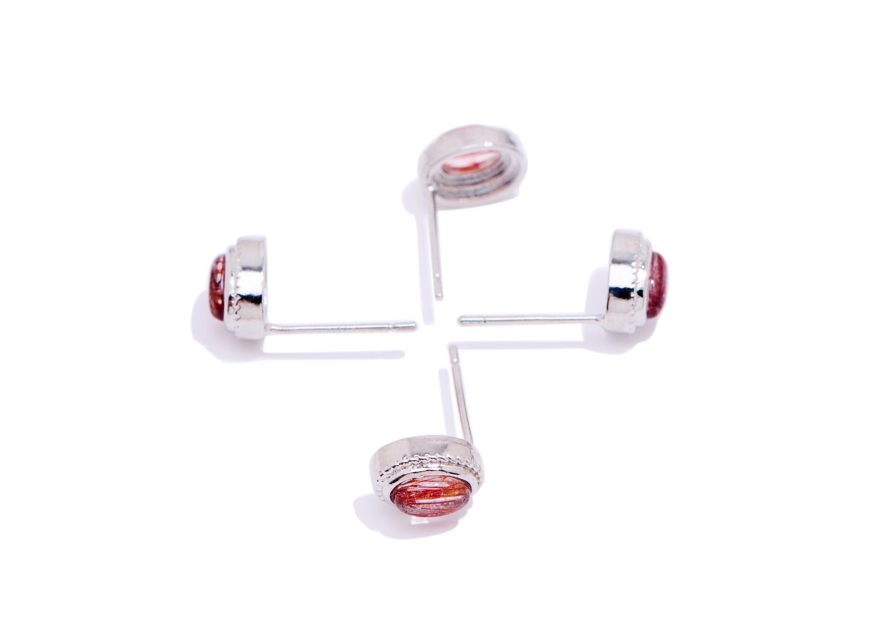 Hairite Stone Brass Oval Stud - Natural Gemstone Oval Earring Post - Modern Jewelry - Silver Stud - White K Plated - 8.68x6.8x4.67mm -NS2635 - DOMEDBAZAAR