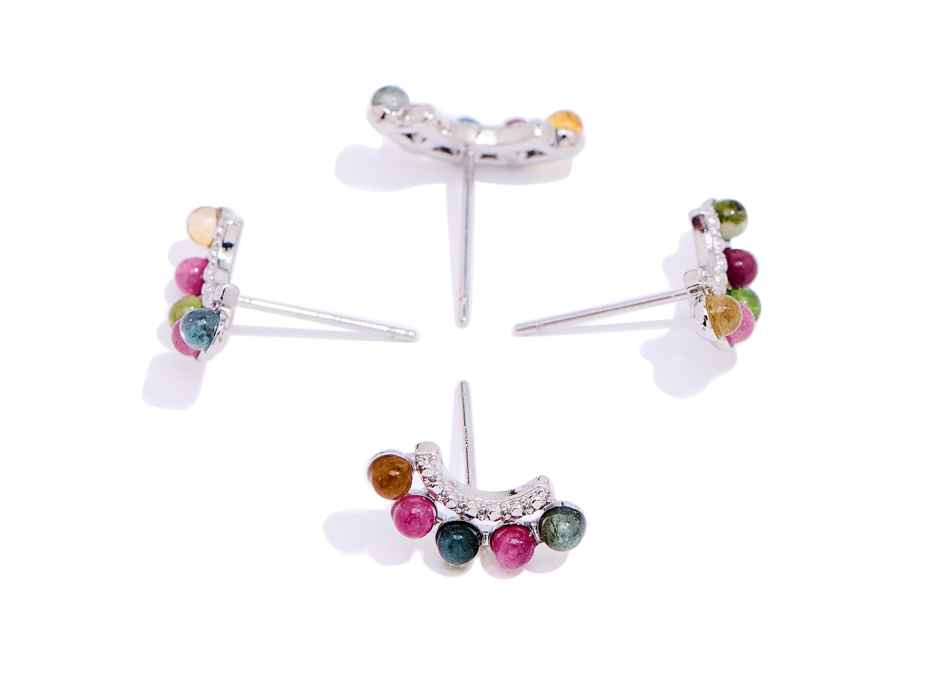 Tourmaline Brass Arc Studs - Curved Rainbow Gemstone Earring Posts - Romantic Jewelry - Silver Stud - White K Plated - 13.52x7x3mm - NS2575 - DOMEDBAZAAR