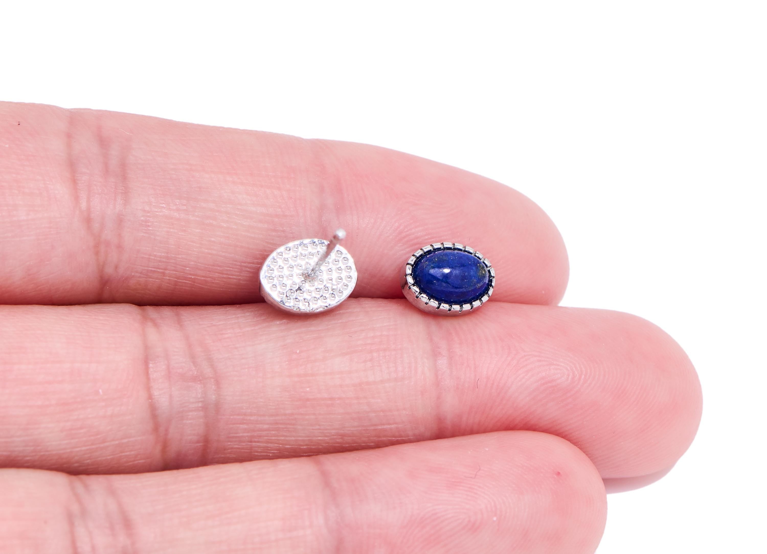 Lapis Lazuli Stone Oval Stud - Brass Natural Gemstone Earring Post - Elegant Jewelry - Silver Stud - White K Plated - 8.34x6.64x4mm - NS2670 - DOMEDBAZAAR
