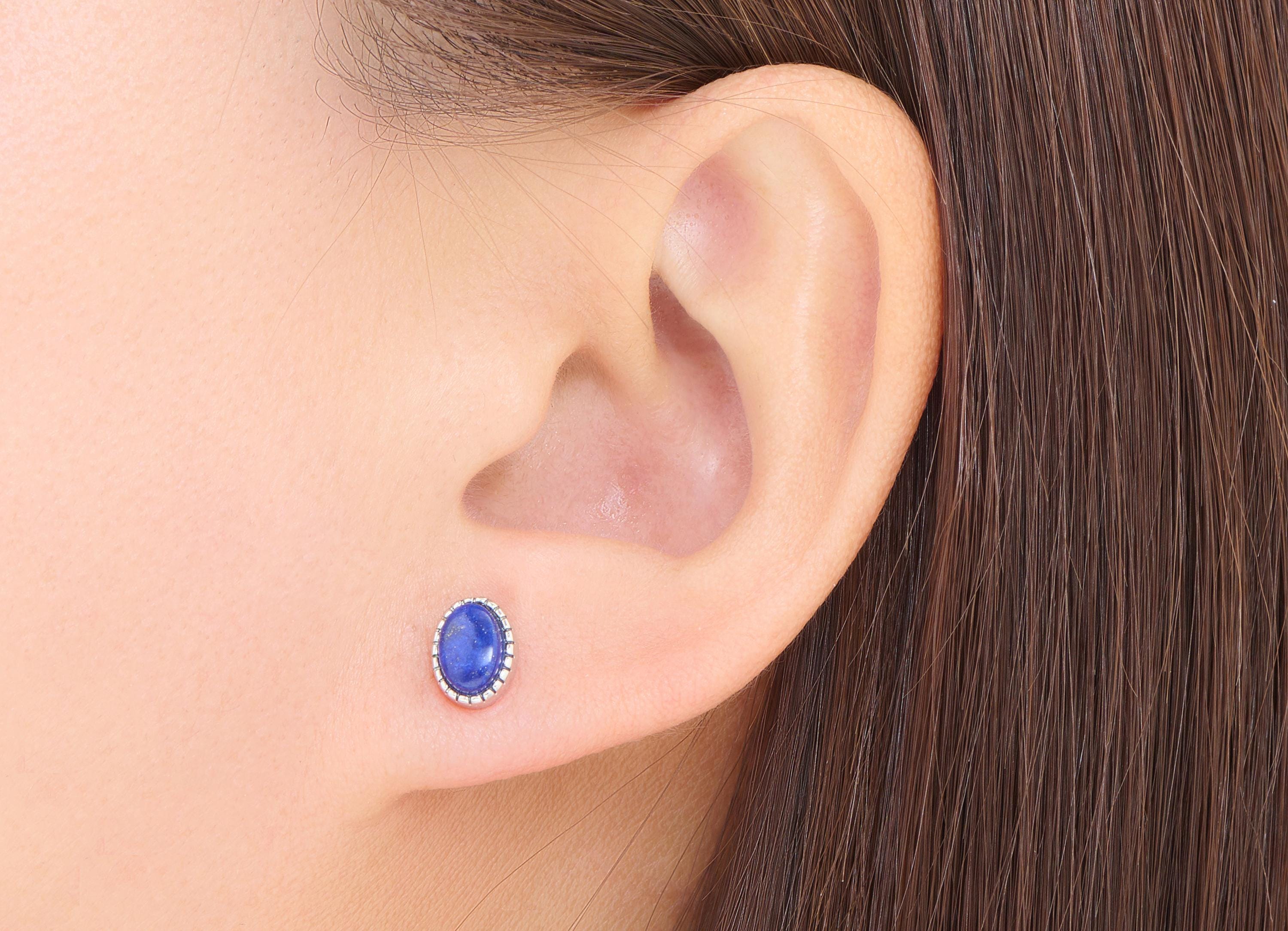 Lapis Lazuli Stone Oval Stud - Brass Natural Gemstone Earring Post - Elegant Jewelry - Silver Stud - White K Plated - 8.34x6.64x4mm - NS2670 - DOMEDBAZAAR