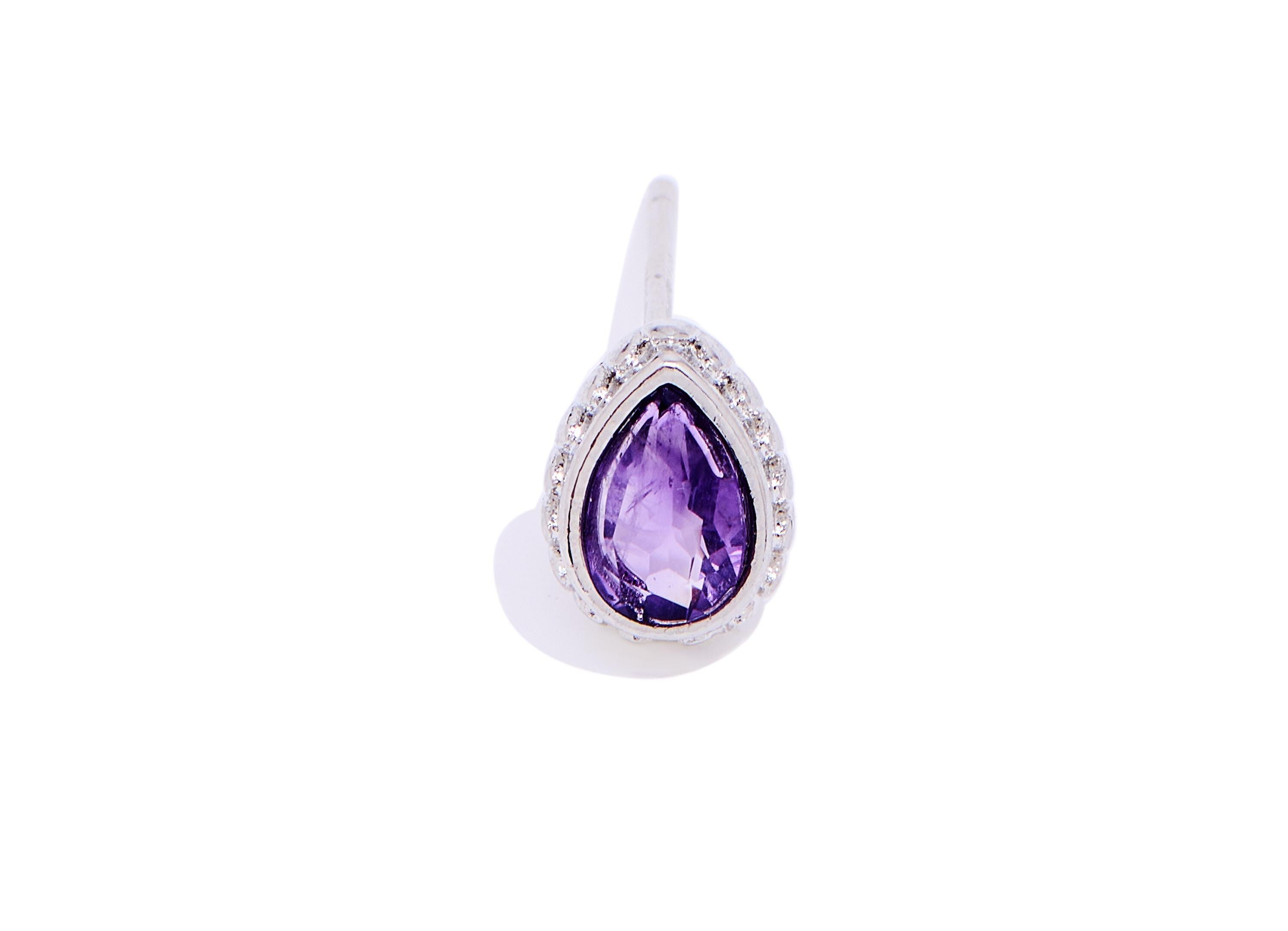 Amethyst Stone Teardrop Stud - Brass Natural Gemstone Drop Post - Opulent Jewelry - Silver Stud - White K Plated - 8.55x6.5x2.83mm - NS2675 - DOMEDBAZAAR