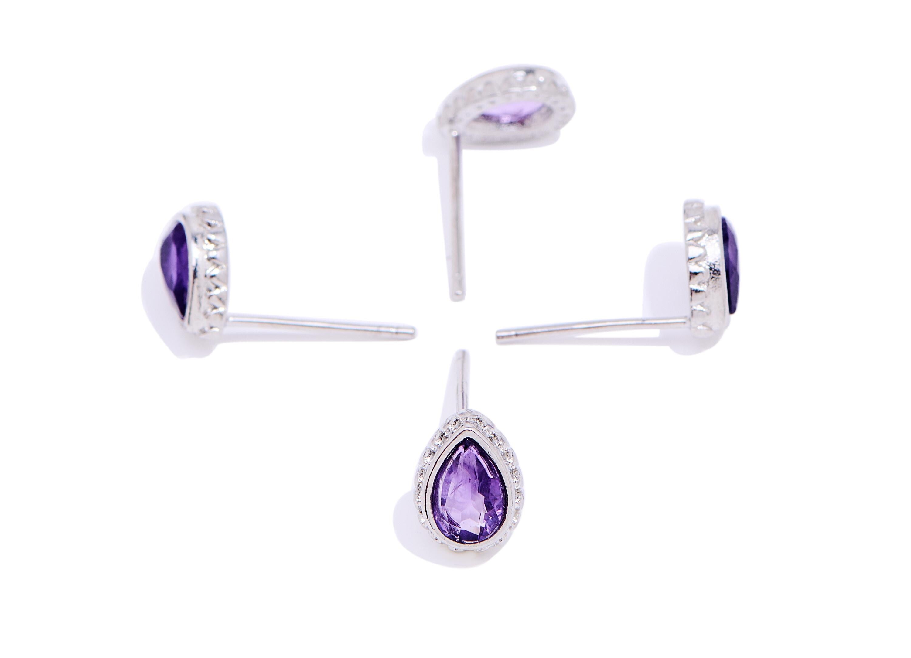 Amethyst Stone Teardrop Stud - Brass Natural Gemstone Drop Post - Opulent Jewelry - Silver Stud - White K Plated - 8.55x6.5x2.83mm - NS2675 - DOMEDBAZAAR