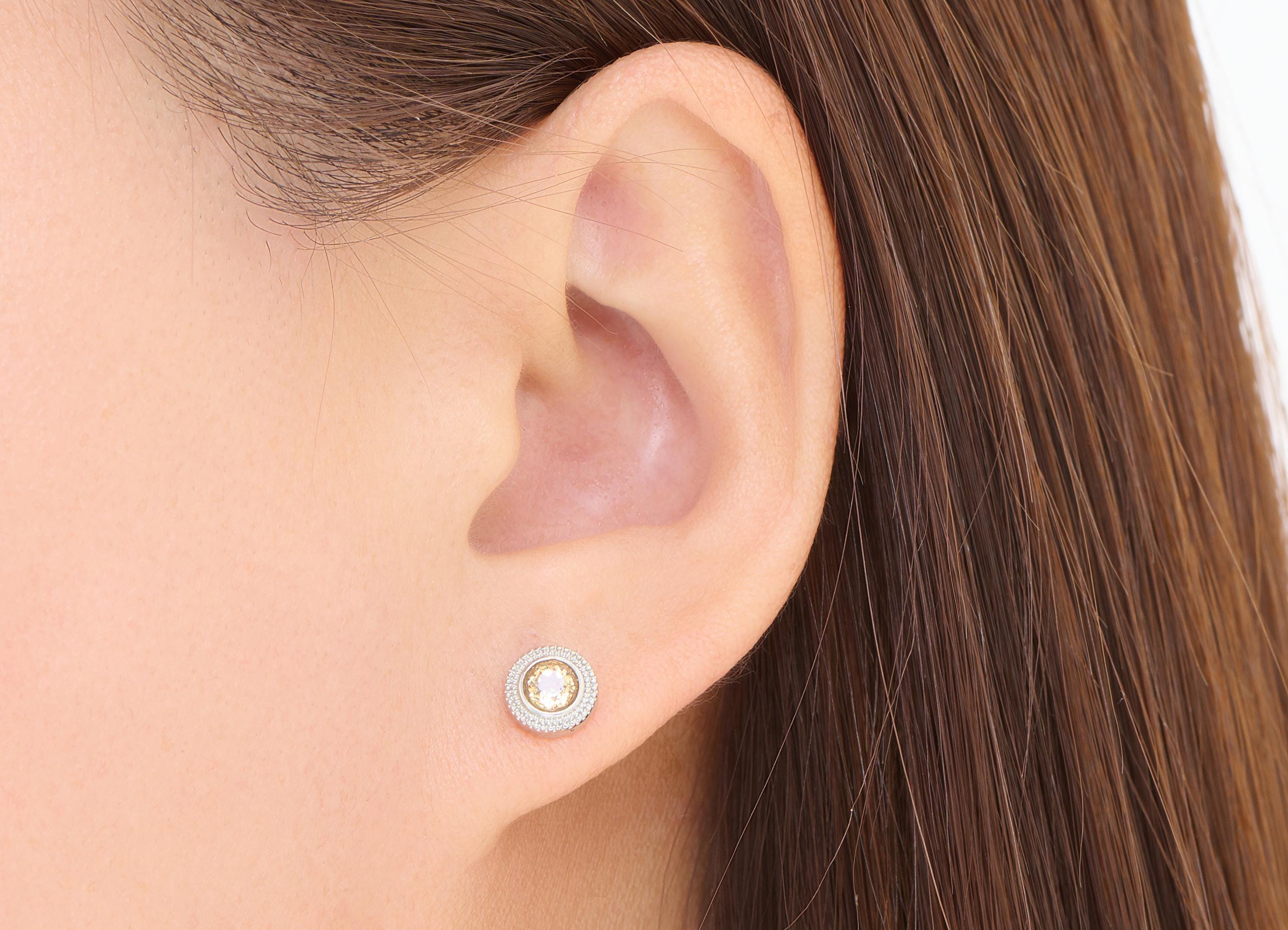 Citrine Brass Round Stud - Mini Natural Gemstone Post - Minimalist Jewelry Making - Silver Stud - White K Plated - 7.6x7.6x3.48mm - NS2603 - DOMEDBAZAAR