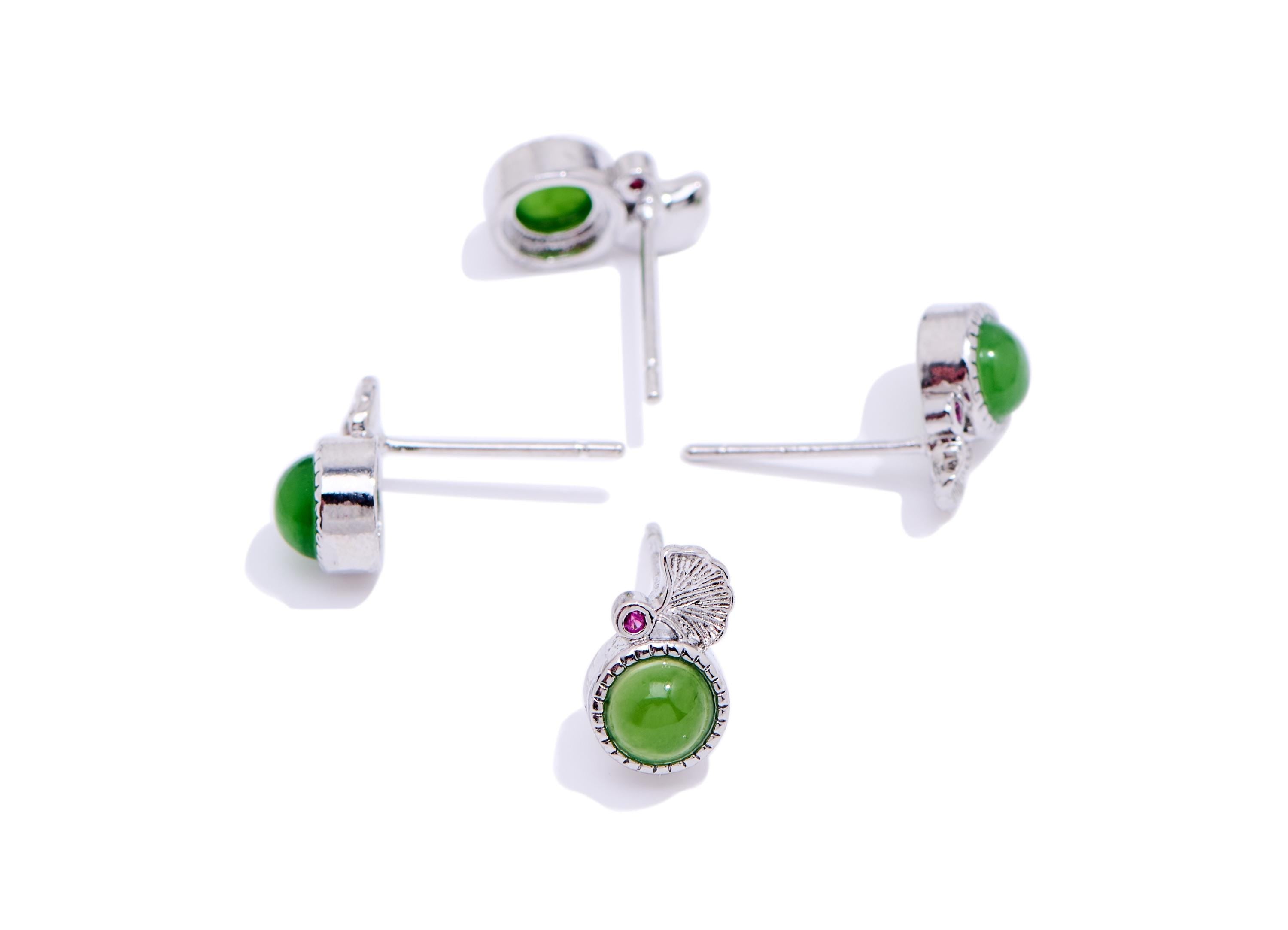 Jade Stone Brass Earring Stud - Brass Leaf Jade Stone Earring Post - Jewelry Making - Silver Stud - White K Plated - 10.8x6.6x4.5mm - NS2676 - DOMEDBAZAAR