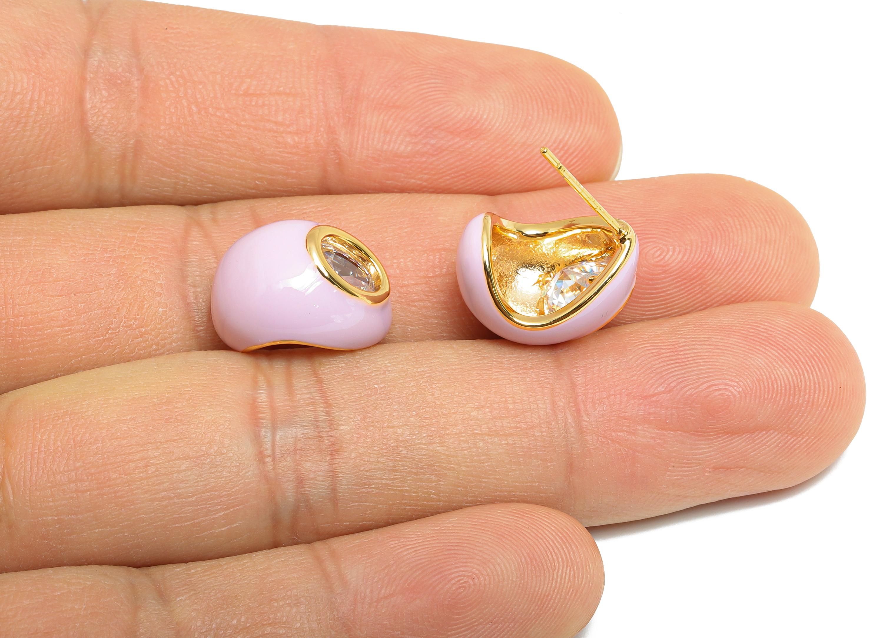 Brass Enamel Hoop Earring - Brass CZ Bold Enamel Chic Colorful Stud - Purple Enamel Jewelry - 18K Real Gold Plated - 15x12x10mm-RGP10387C - DOMEDBAZAAR