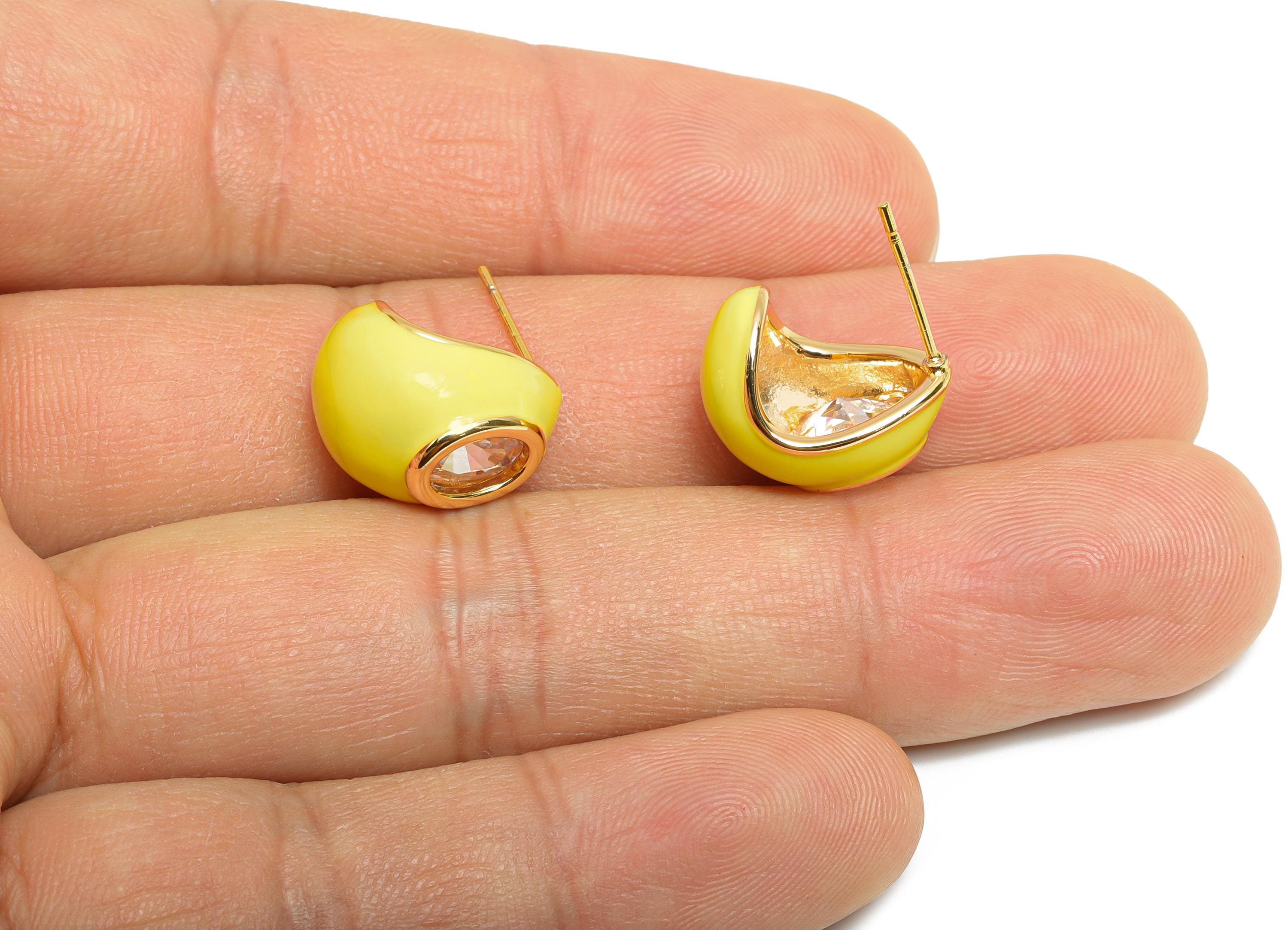 Brass Enamel Hoop Earring - Brass CZ Bold Enamel Chic Colorful Stud - Zircon Enamel Jewelry - 18K Real Gold Plating - 15x12x10mm-RGP10387D - DOMEDBAZAAR
