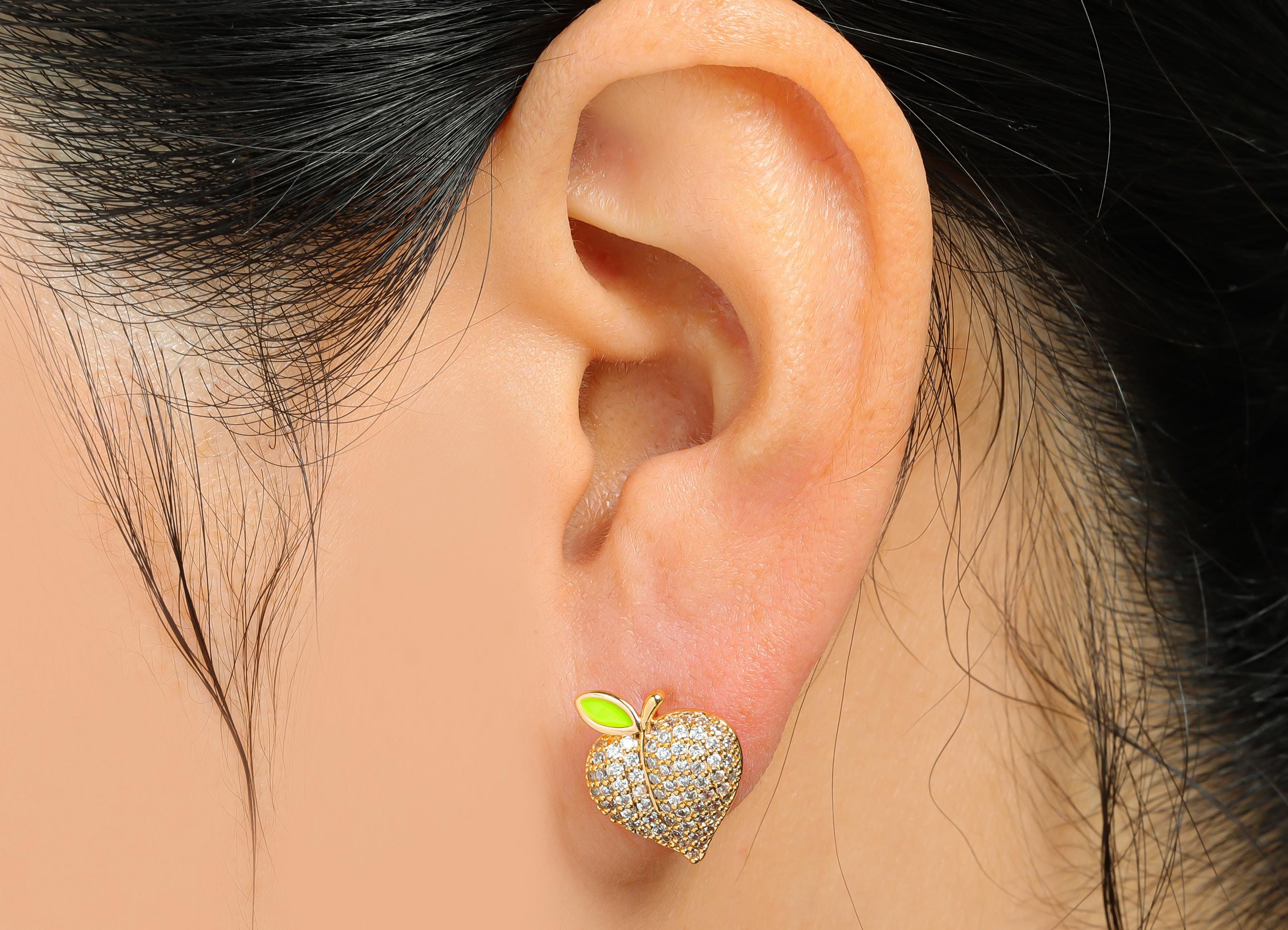 Sparkling Enamel Earring - Brass CZ Peach Stud Earring - Dainty Earring - 18K Real Gold Plated - Glamorous Gold Jewelry - 13x11x3mm-RGP10383 - DOMEDBAZAAR