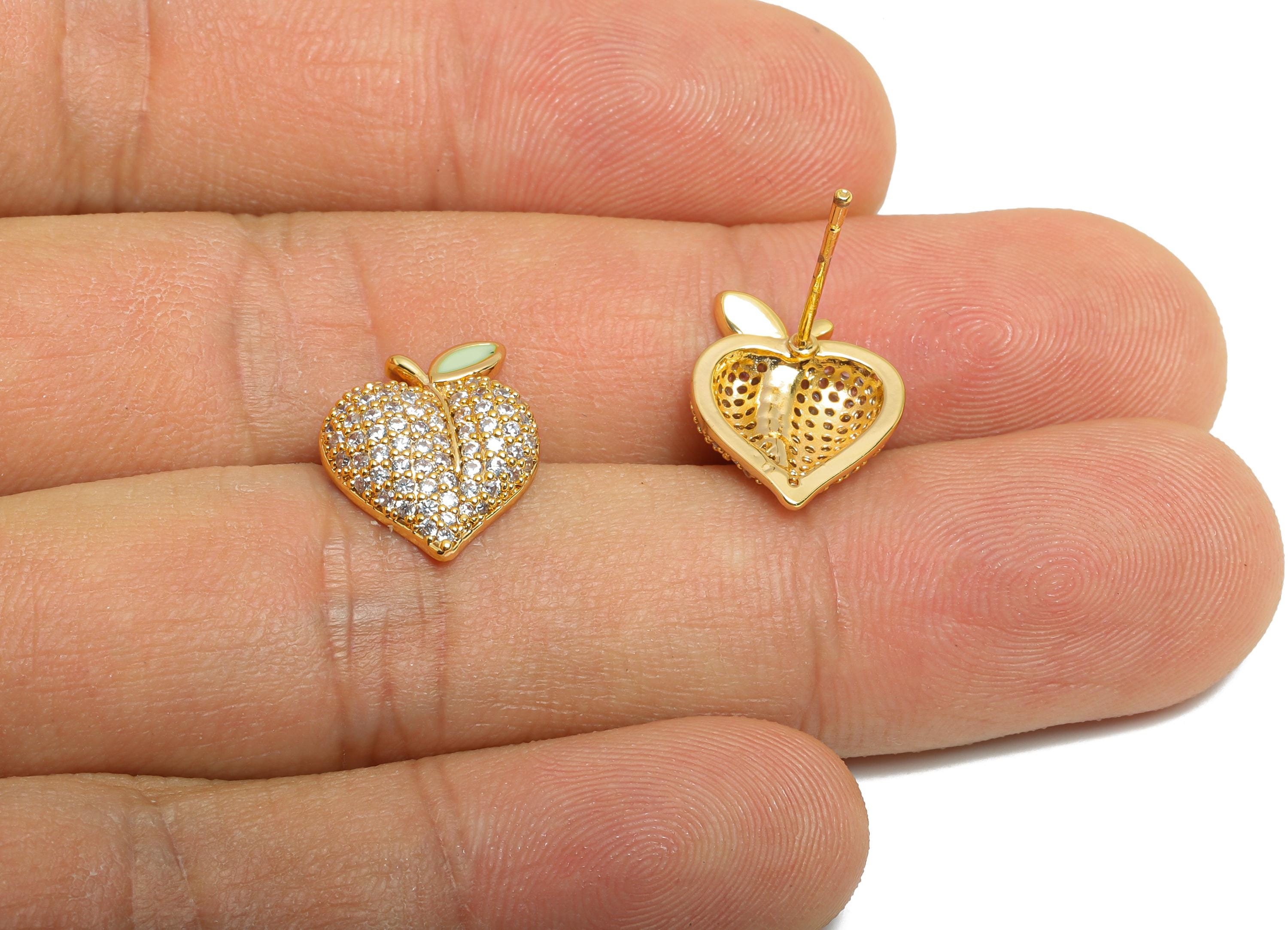 Sparkling Enamel Earring - Brass CZ Peach Stud Earring - Dainty Earring - 18K Real Gold Plated - Glamorous Gold Jewelry - 13x11x3mm-RGP10383 - DOMEDBAZAAR