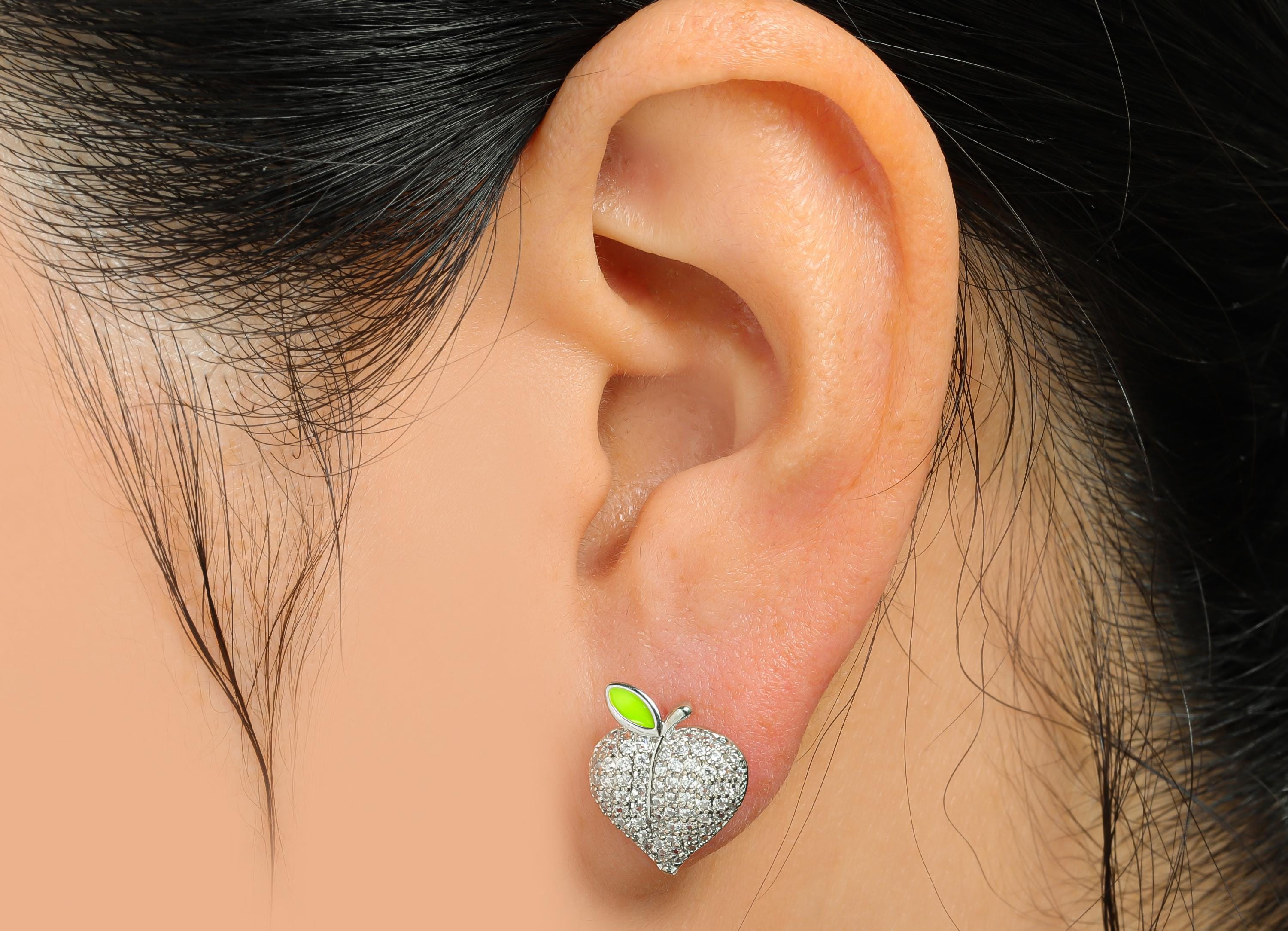 Sparkling Enamel Earring Stud - Brass CZ Dainty Peach Post Earring - 18K Real White Gold Plated - Glamorous Jewelry - 13x11x3mm - RGP10384 - DOMEDBAZAAR