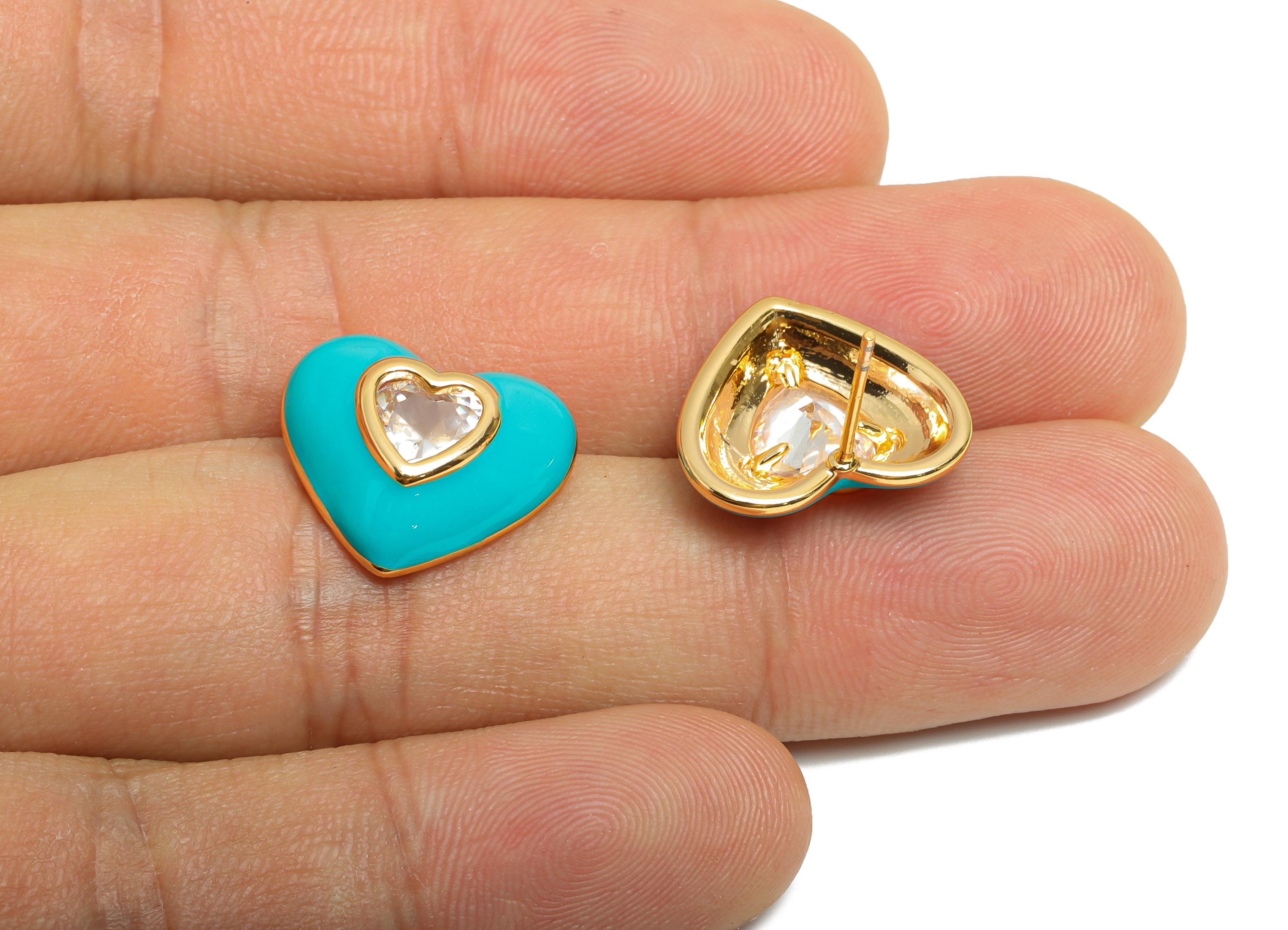 Brass Enamel Heart Earring - Brass Bold Enamel Chic Colorful Stud - Zircon Enamel Jewelry - 18K Real Gold Plating - 16x14x4mm - RGP10388A - DOMEDBAZAAR