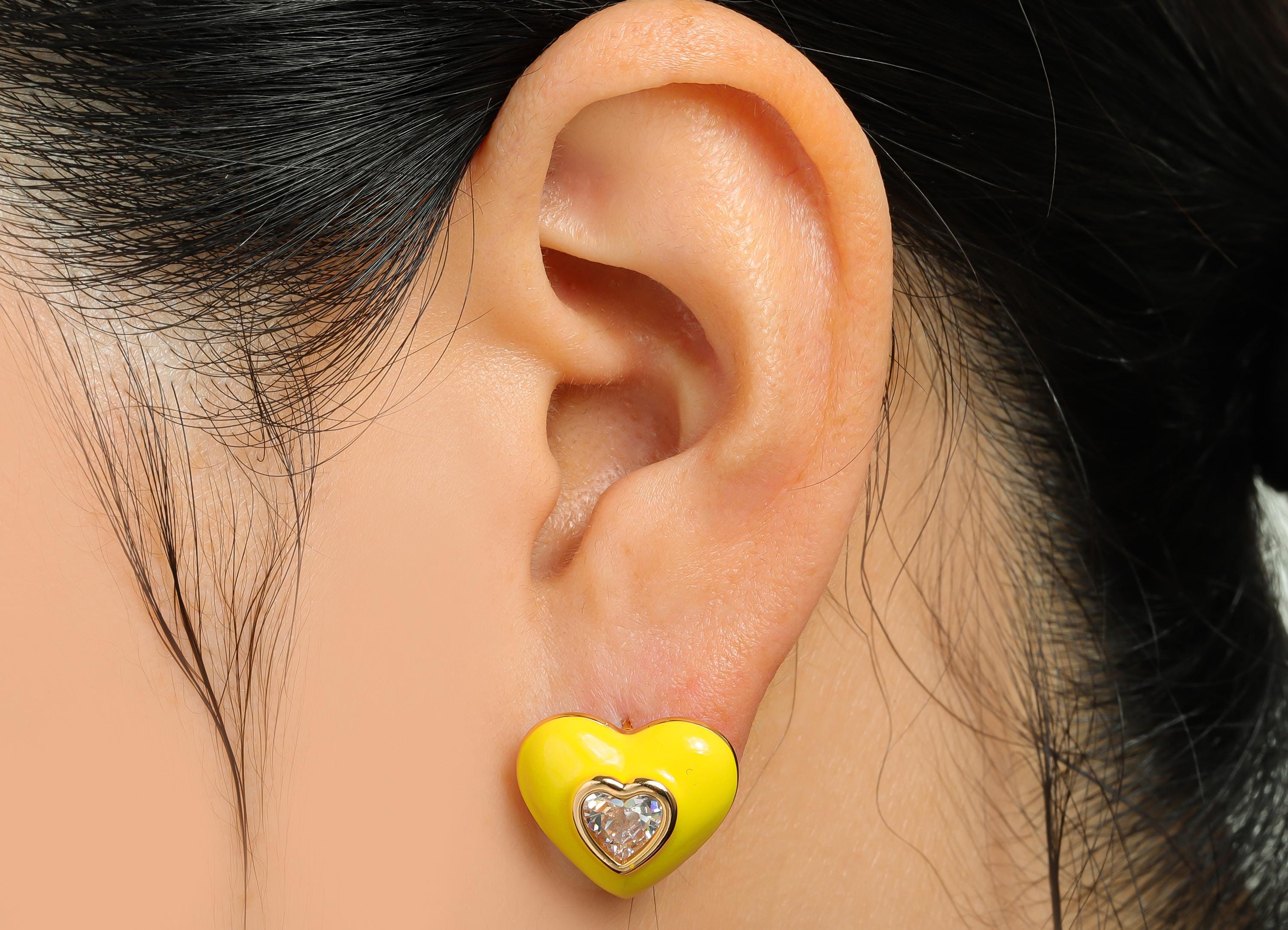 Brass Enamel Heart Earring - Brass Bold Enamel Chic Summer Stud - Vibrant Enamel Jewelry - 18K Real Gold Plating - 16x14x4mm - RGP10388D - DOMEDBAZAAR